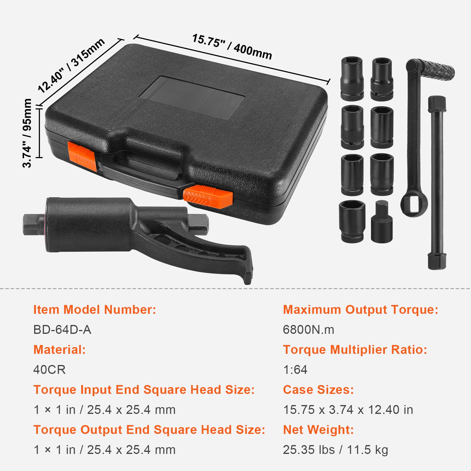 Torque Multiplier, 1 Inch Drive Lug Nut Wrench/Multiplier Heavy Duty Torque Multiplier Wrench Set, 1:64 6,800N.m Lug Nut Remover, Includes 8 Sockets (24-38mm) and Storage Case