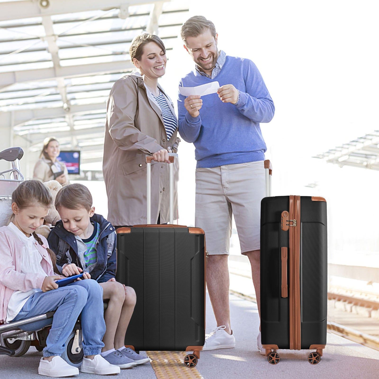 Luggage Sets 3 Piece, Hard shell ABS Lightweight Durable Suitcases with Double Spinner Wheels 20/24/28 Inch (Black Brown)