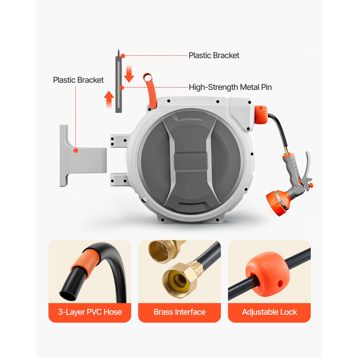 Retractable Garden Hose Reel, 1/2 Inch x 65 ft Wall Mounted, Heavy Duty Garden Hose Reel with 9 Patterns Nozzle, Any Length Lock, Upgraded Slow Return System and 180°Swivel Bracket