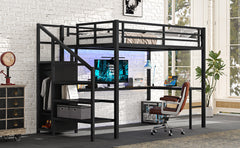 Full Size Loft Bed with L-shaped Desk and USB, Metal Loft Bed with Wardrobe and Adjustable Shelf, High Loft Bed with LED for Kids Teens Adults, Black