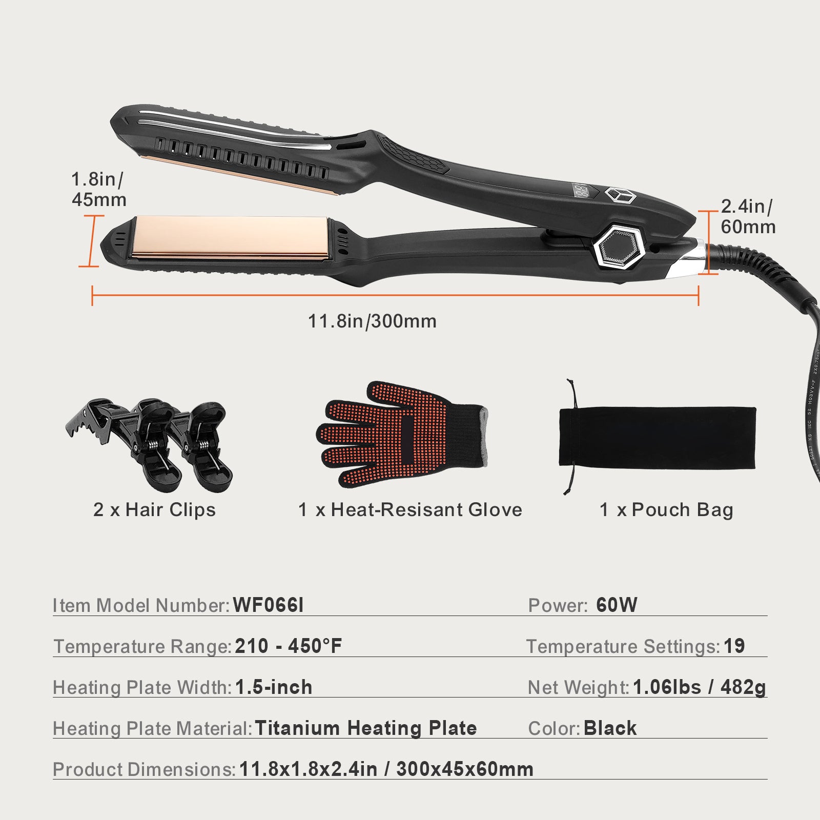 Hair Straightener, 1.5-inch Titanium Flat Iron, Dual Infrared Hair Straightener Flat Iron with LCD Display and 19 Temp Levels - 210°F to 450°F, Dual Voltage 110V/240V for Salon Home Travel Use