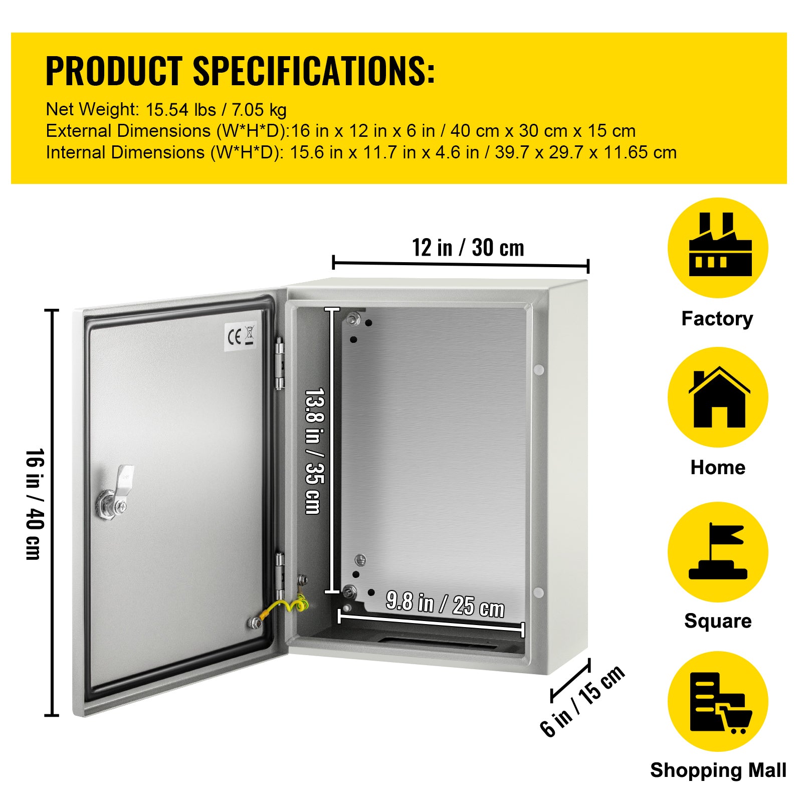 Electrical Enclosure Box, 16'' ×12'' ×6'', Carbon Steel Hinged Junction Box, IP66 Waterproof & Dustproof, Outdoor Electrical Box, with Mounting Plate