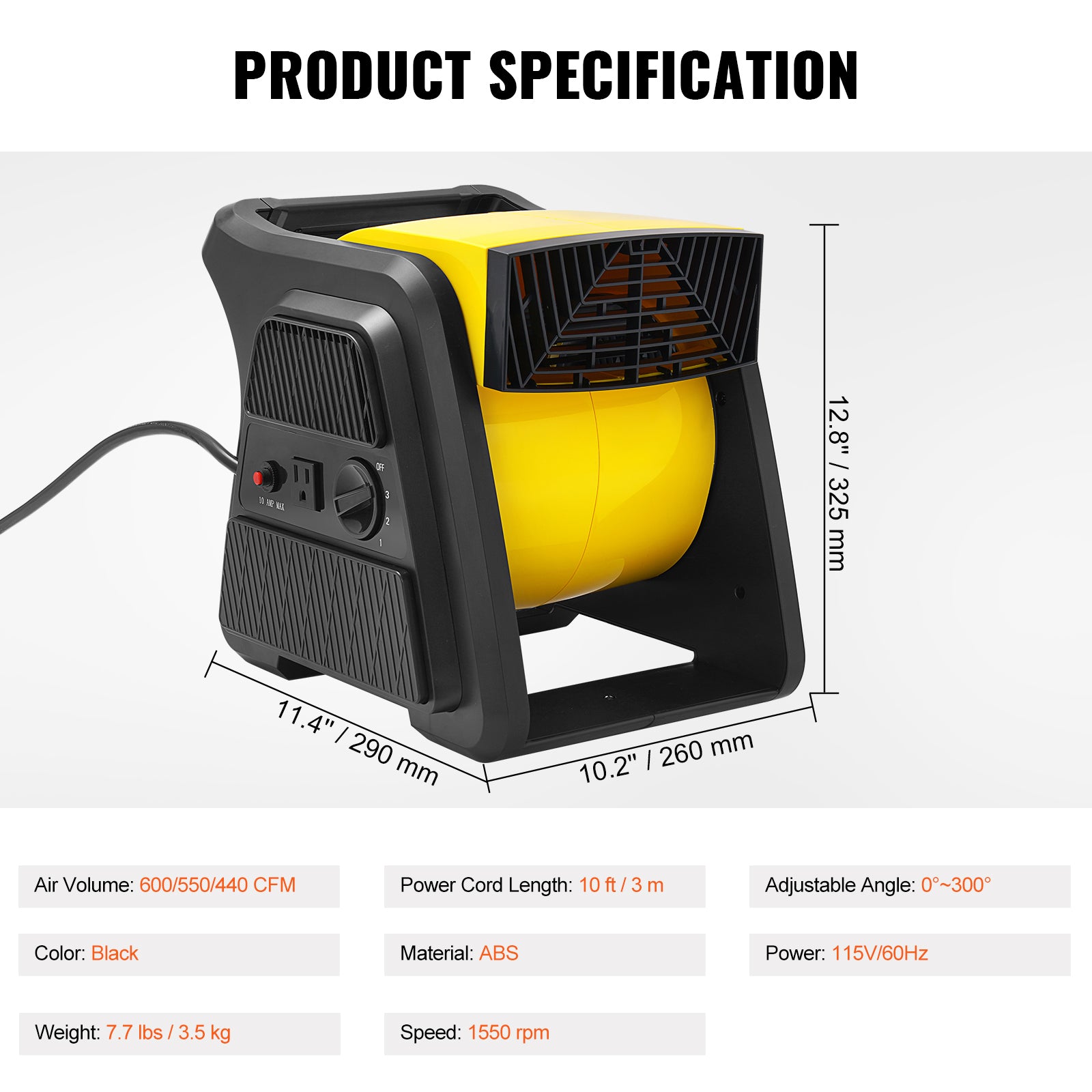 Pivoting Utility Fan, 600 CFM High Velocity Floor Blower for Drying, Cooling, Ventilating, Exhausting, 300° Blowing Angle Air Mover, Portable Carpet Dryer Fan for Home, Work Shop