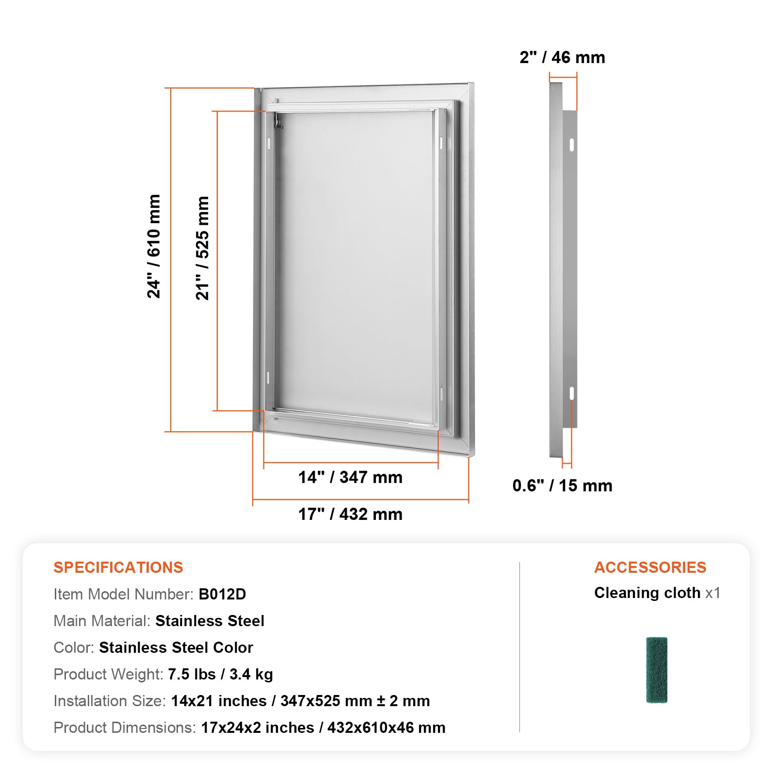 BBQ Access Door, 17W x 24H Inch Single Outdoor Kitchen Door, Stainless Steel Flush Mount Door, Wall Vertical Door with Recessed Handle, for BBQ Island, Grilling Station, Outside Cabinet