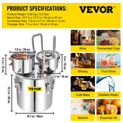 Alcohol Still, 13.2Gal / 50L Stainless Steel Water Alcohol Distiller Copper Tube Home Brewing Kit Build-in Thermometer for DIY Whisky Wine Brandy, Silver