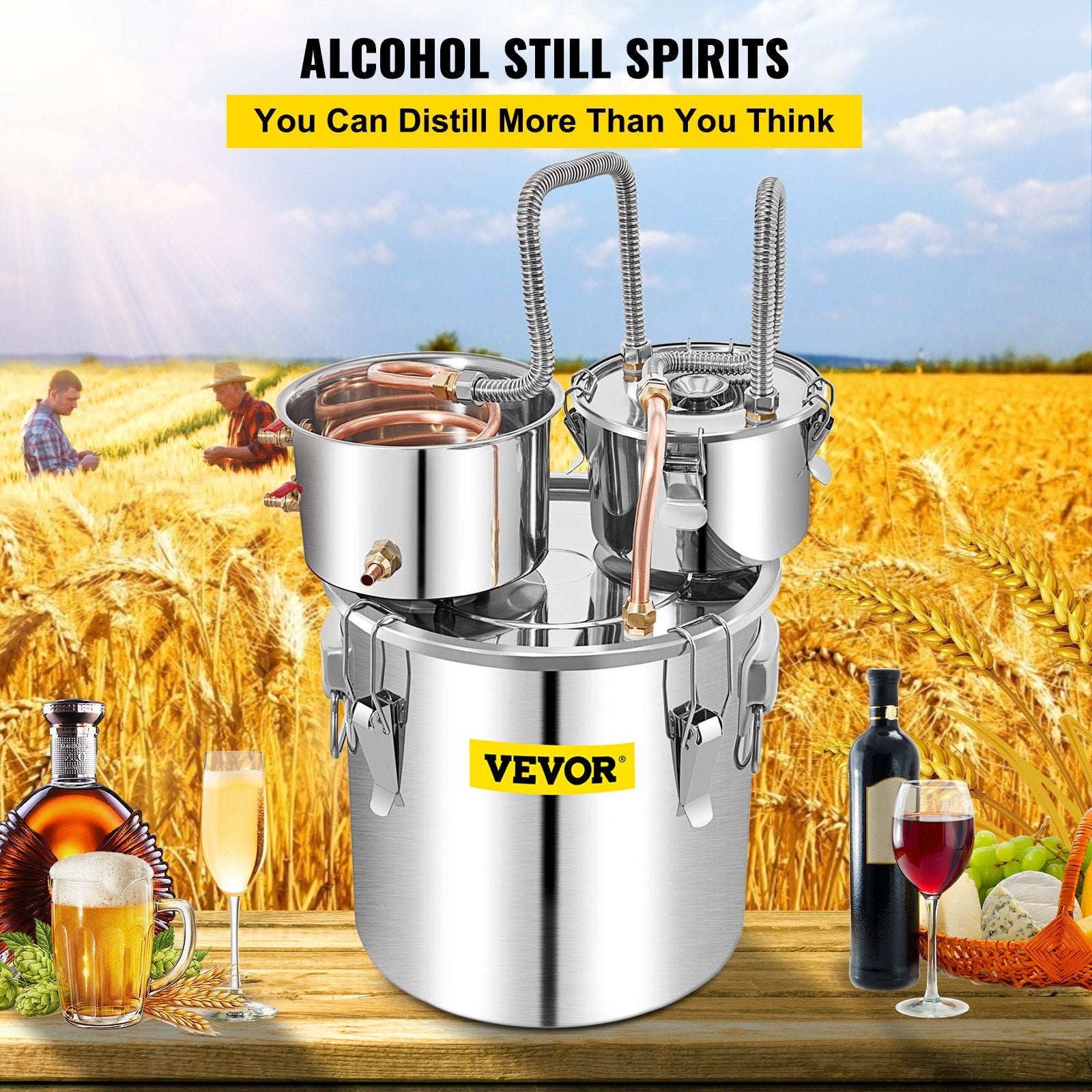 Alcohol Still, 13.2Gal / 50L Stainless Steel Water Alcohol Distiller Copper Tube Home Brewing Kit Build-in Thermometer for DIY Whisky Wine Brandy, Silver
