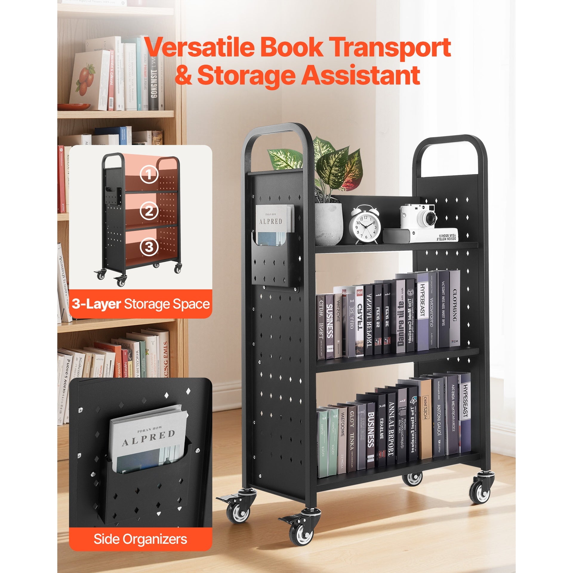 3-Tier Rolling Book Cart Single Sided L-Shaped Shelves Book Truck in Black