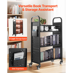3-Tier Rolling Book Cart Single Sided L-Shaped Shelves Book Truck in Black