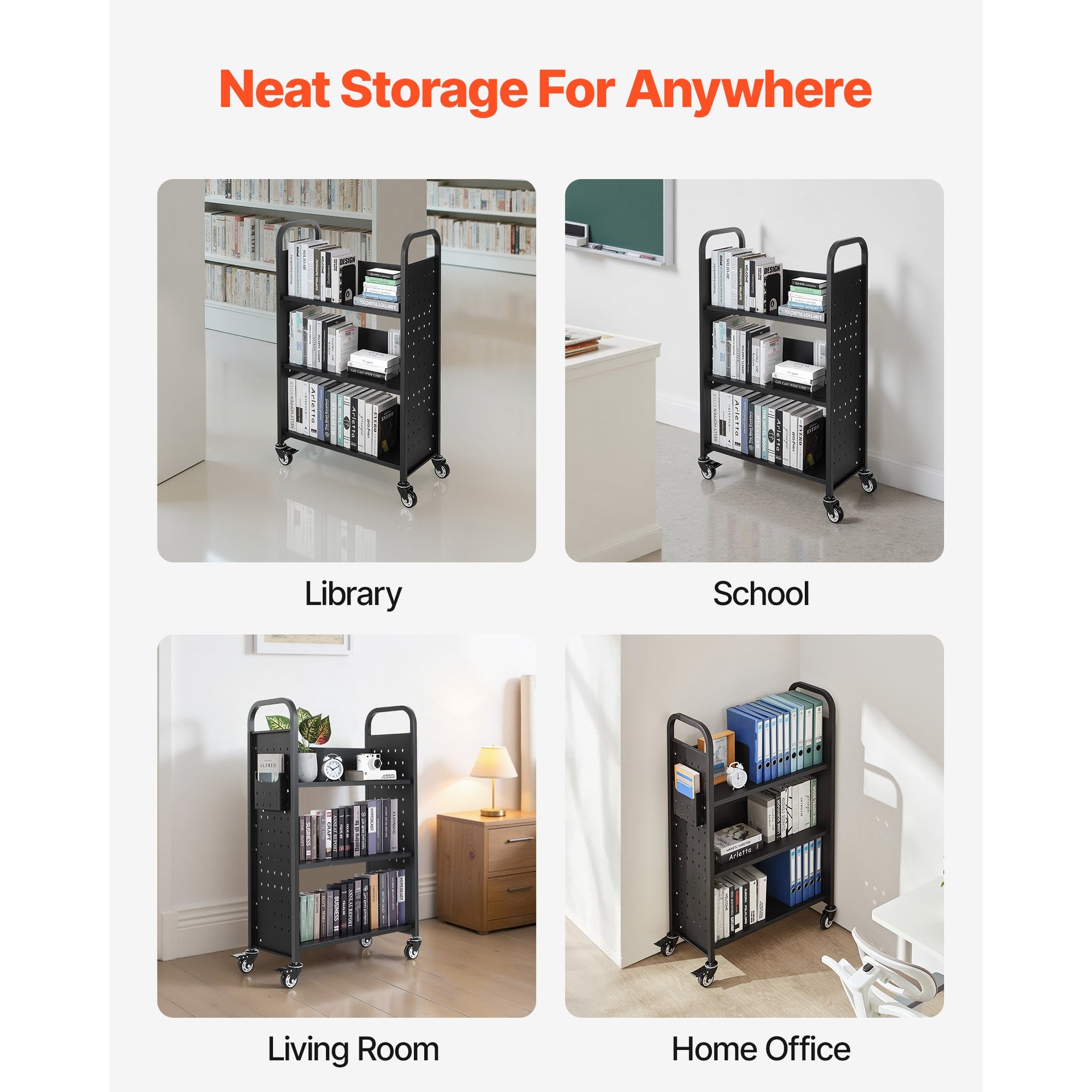 3-Tier Rolling Book Cart Single Sided L-Shaped Shelves Book Truck in Black