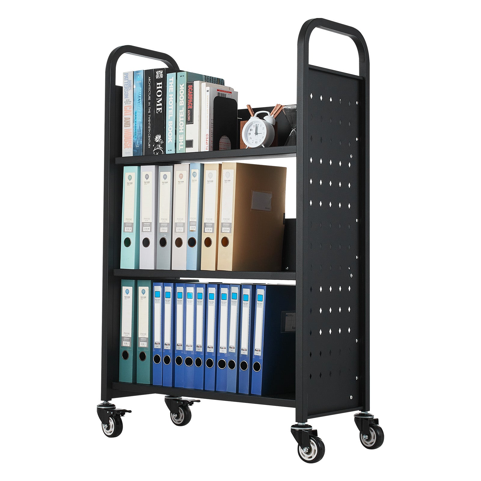 3-Tier Rolling Book Cart Single Sided L-Shaped Shelves Book Truck in Black