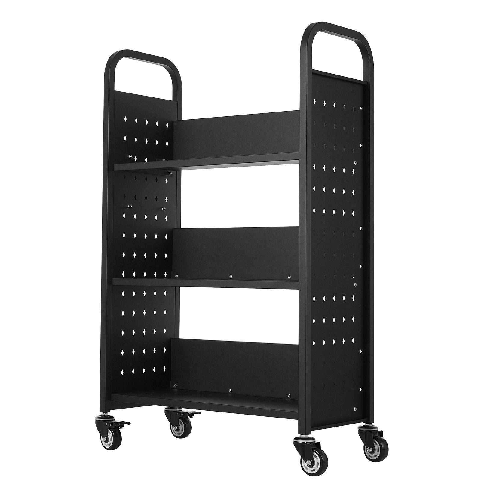 3-Tier Rolling Book Cart Single Sided L-Shaped Shelves Book Truck in Black