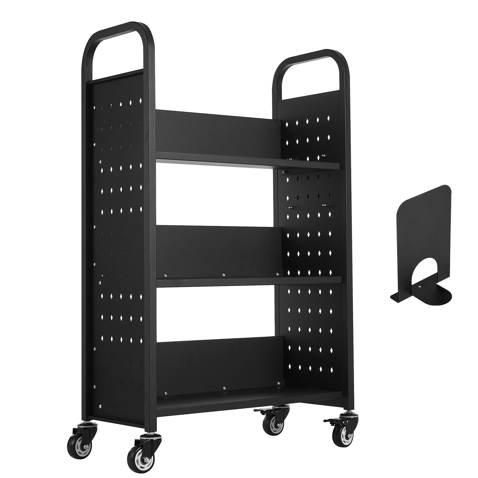 3-Tier Rolling Book Cart Single Sided L-Shaped Shelves Book Truck in Black