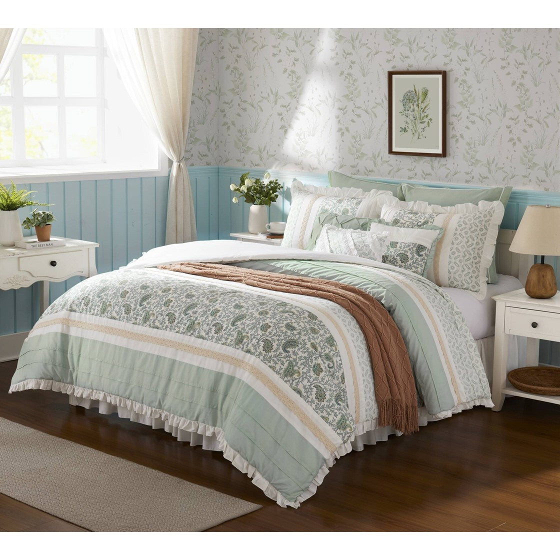 9 Piece Cotton Percale Comforter Set Aqua King