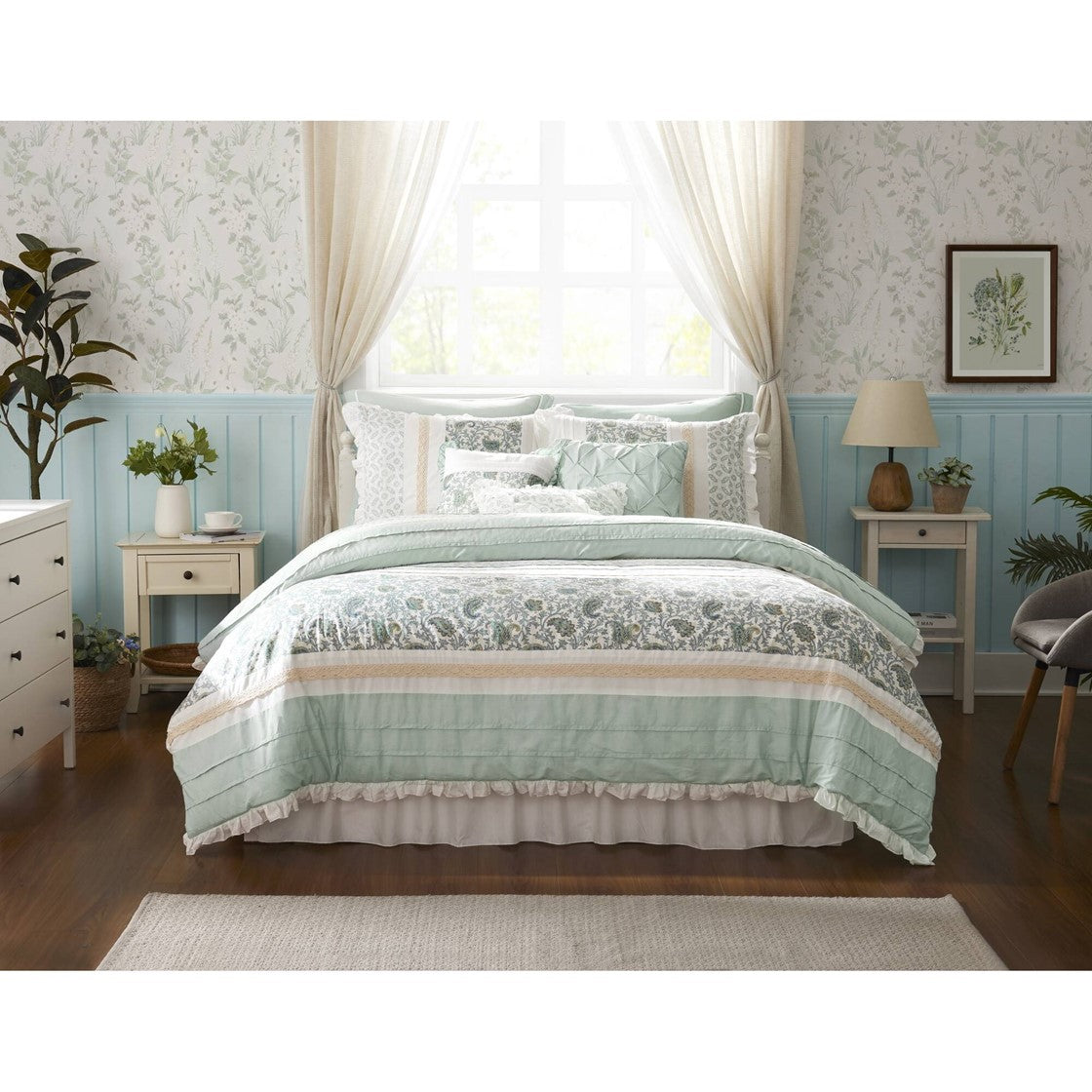 9 Piece Cotton Percale Comforter Set Aqua King