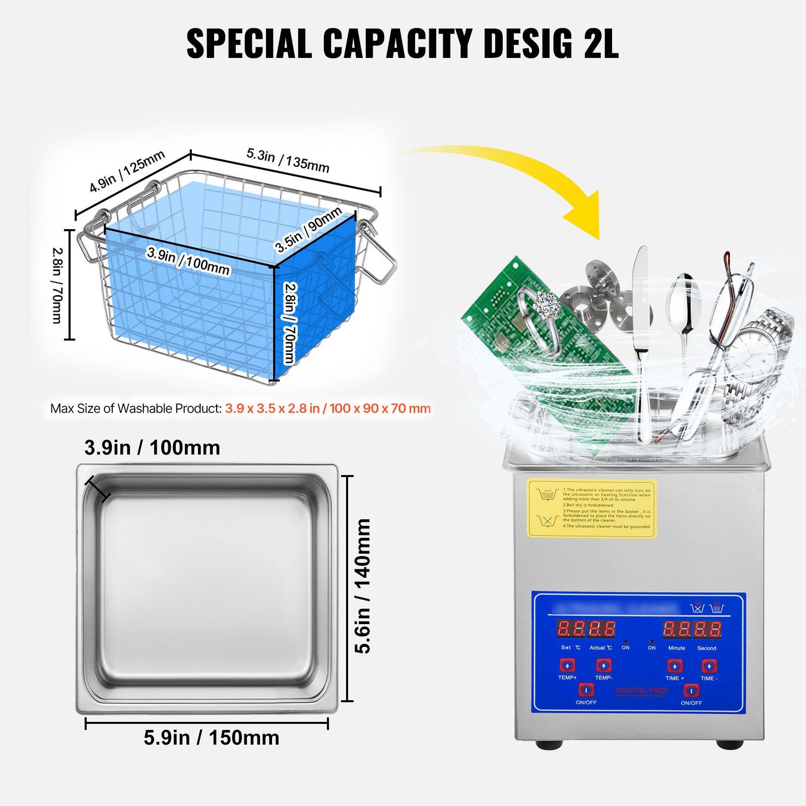 Ultrasonic Cleaner 2L Digital Ultrasonic Parts Cleaner with Timer 40kHz Professional 304 Stainless Steel Ultrasonic Cleaner 110V for Jewelry Watch Glasses Diamond Eyeglass Small Parts Cleaning