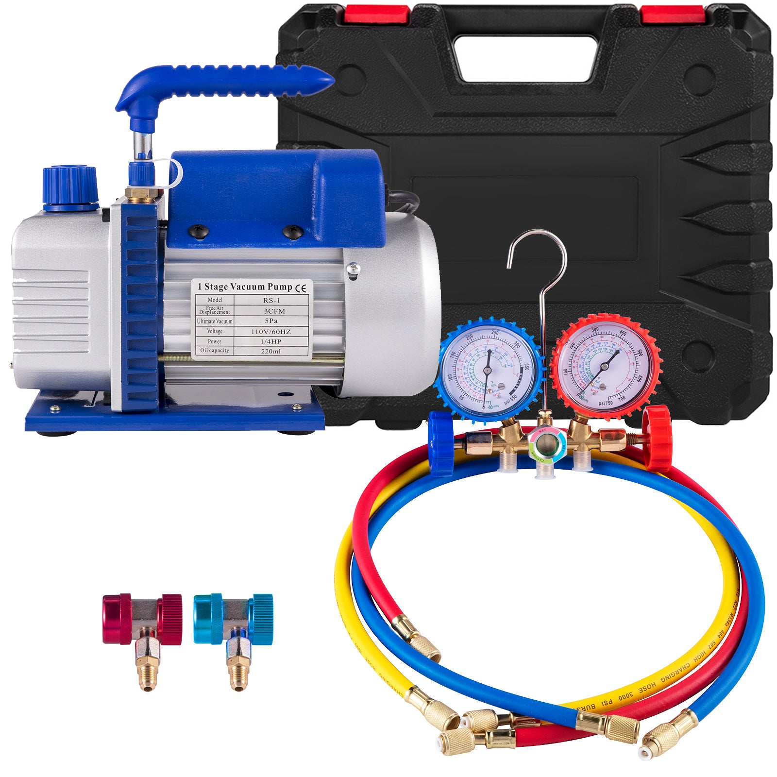 3CFM 1/4HP Single Stage Air Vacuum Pump HVAC R134a R12 R22 R410a A/C Refrigeration Kit AC Manifold Gauge R134 Can Tap Included Carrying Tote