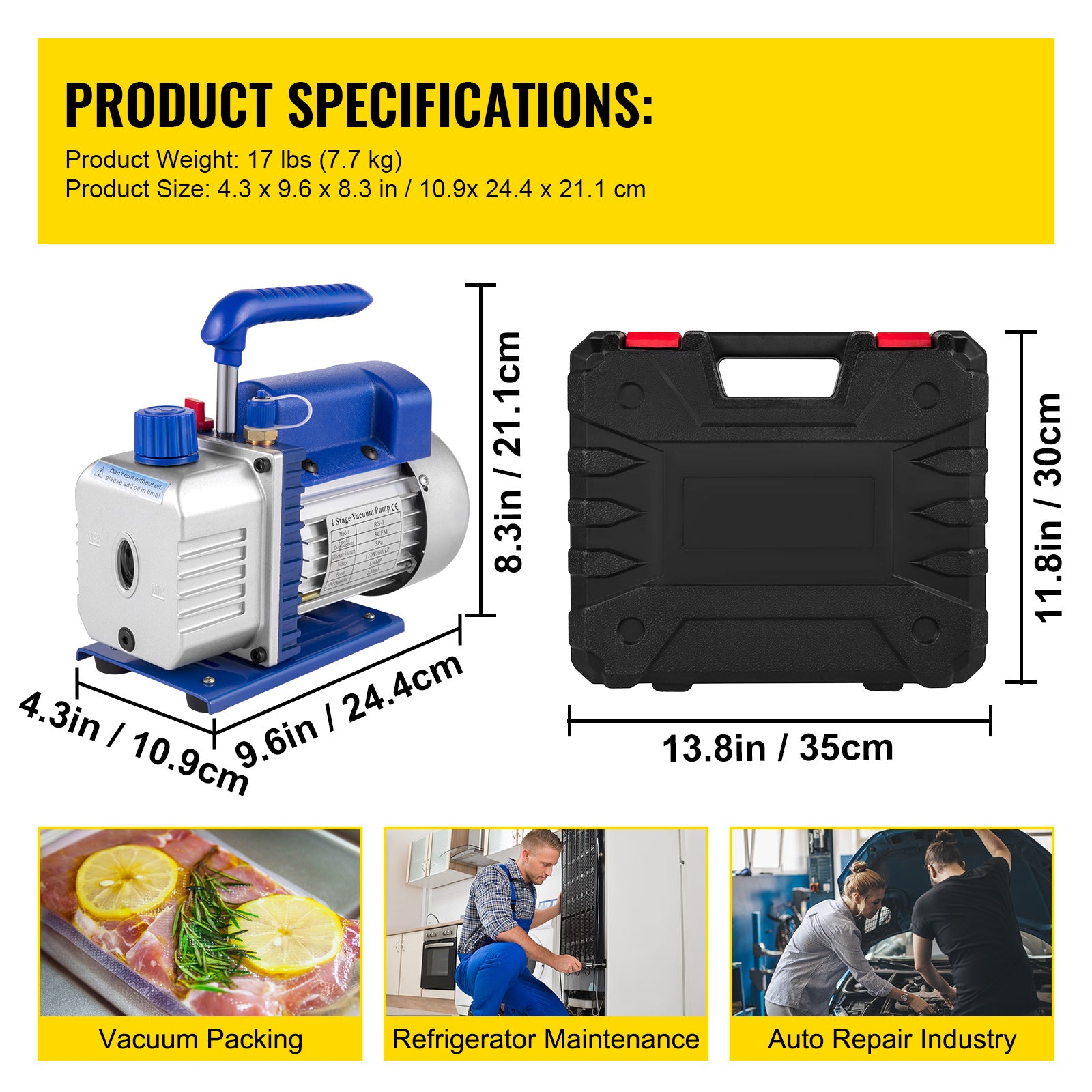 3CFM 1/4HP Single Stage Air Vacuum Pump HVAC R134a R12 R22 R410a A/C Refrigeration Kit AC Manifold Gauge R134 Can Tap Included Carrying Tote