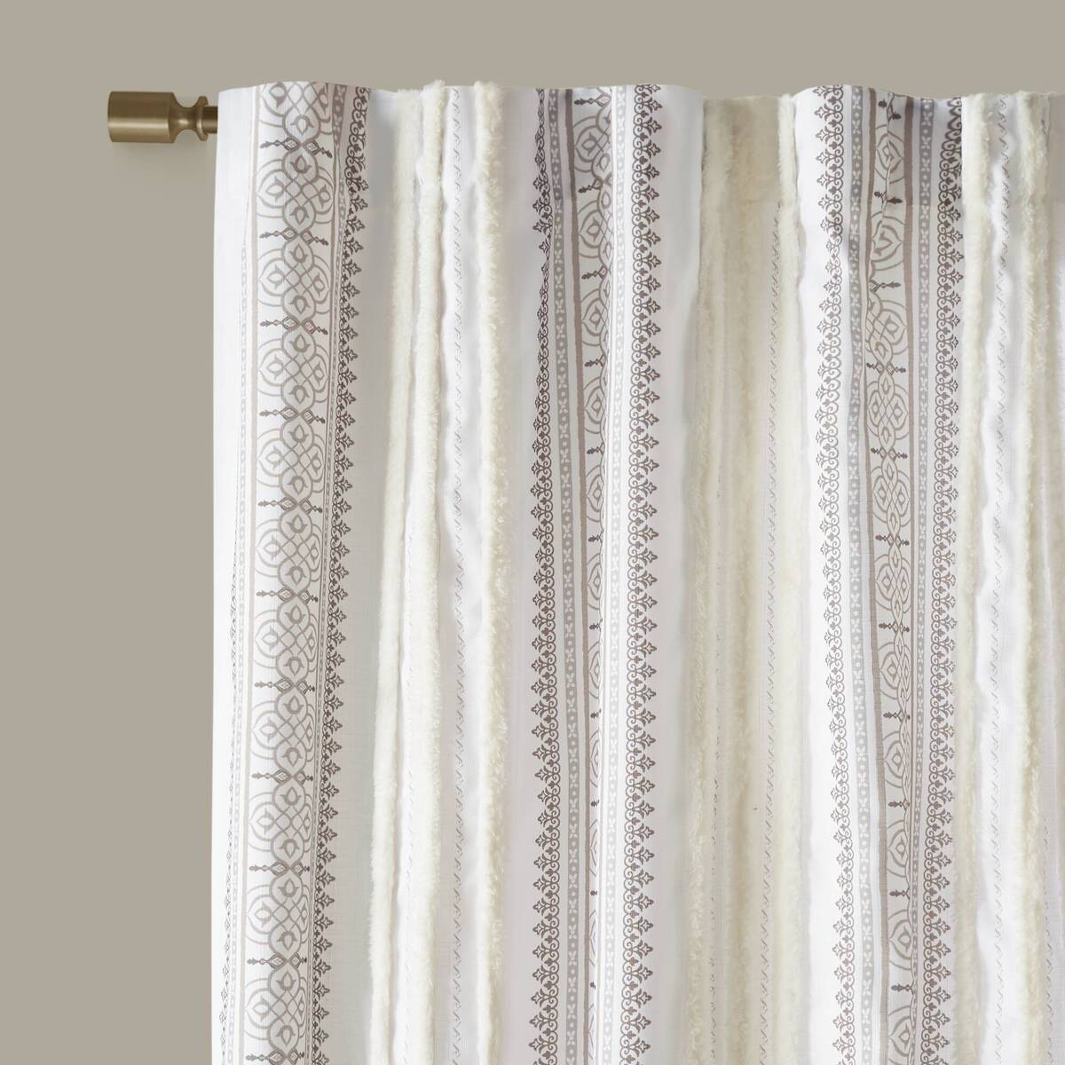 Poly Printed Curtain Panel with Tufted Stripe and Lining White/Brown 50x95"