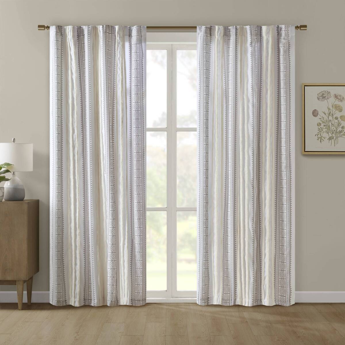 Poly Printed Curtain Panel with Tufted Stripe and Lining White/Brown 50x95"