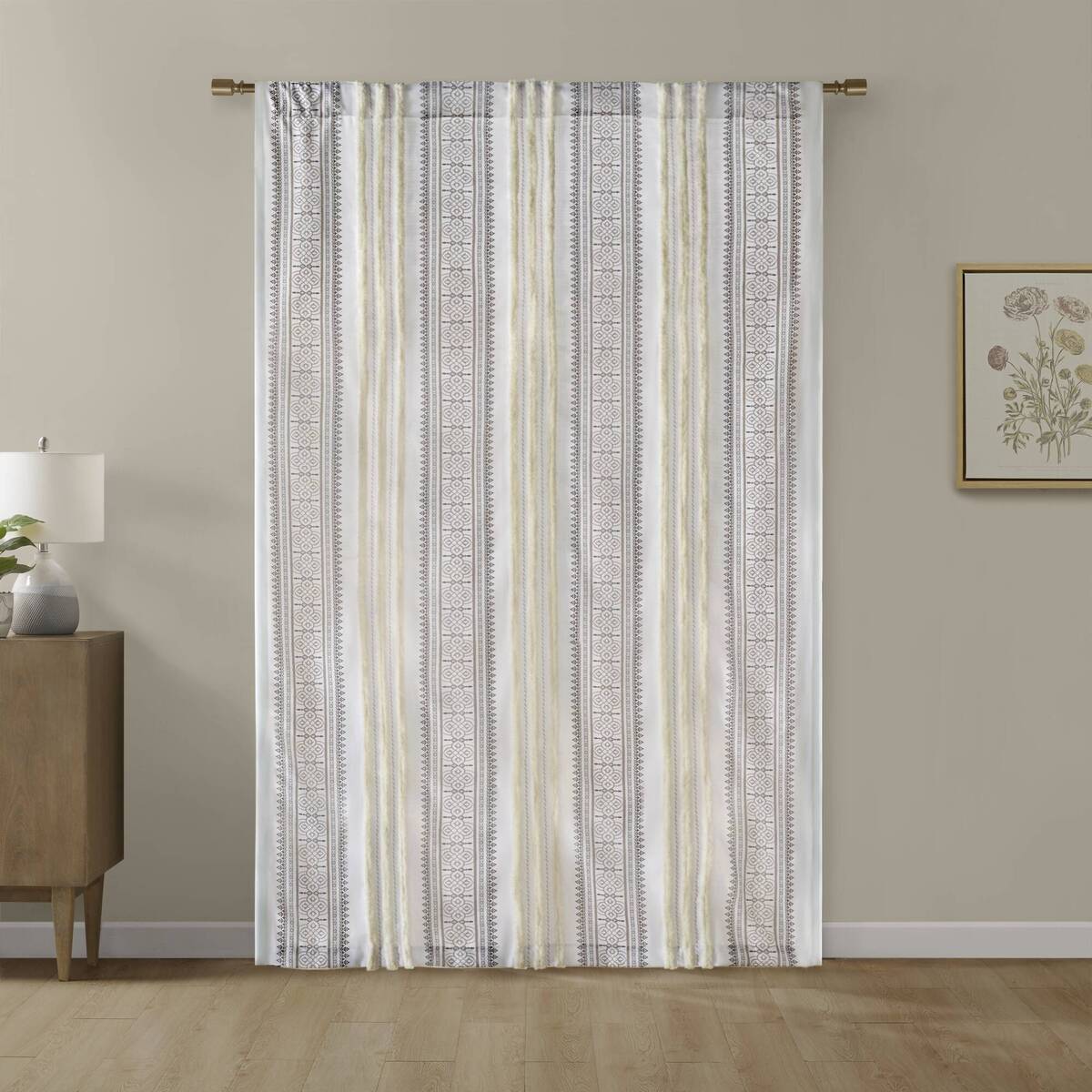 Poly Printed Curtain Panel with Tufted Stripe and Lining White/Brown 50x95"