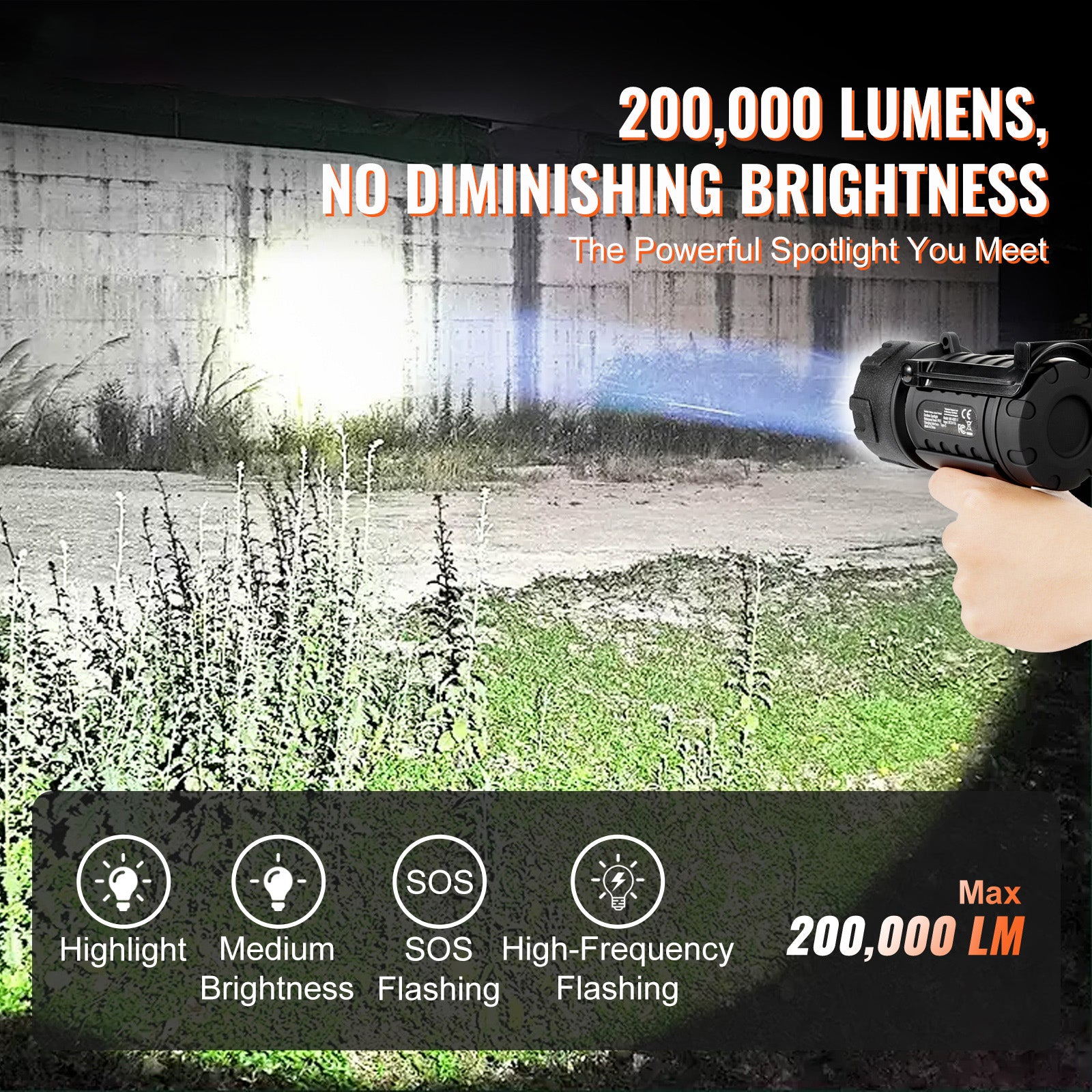 USB Super Bright Rechargeable Spotlight Flashlight 200,000LM Searchlight