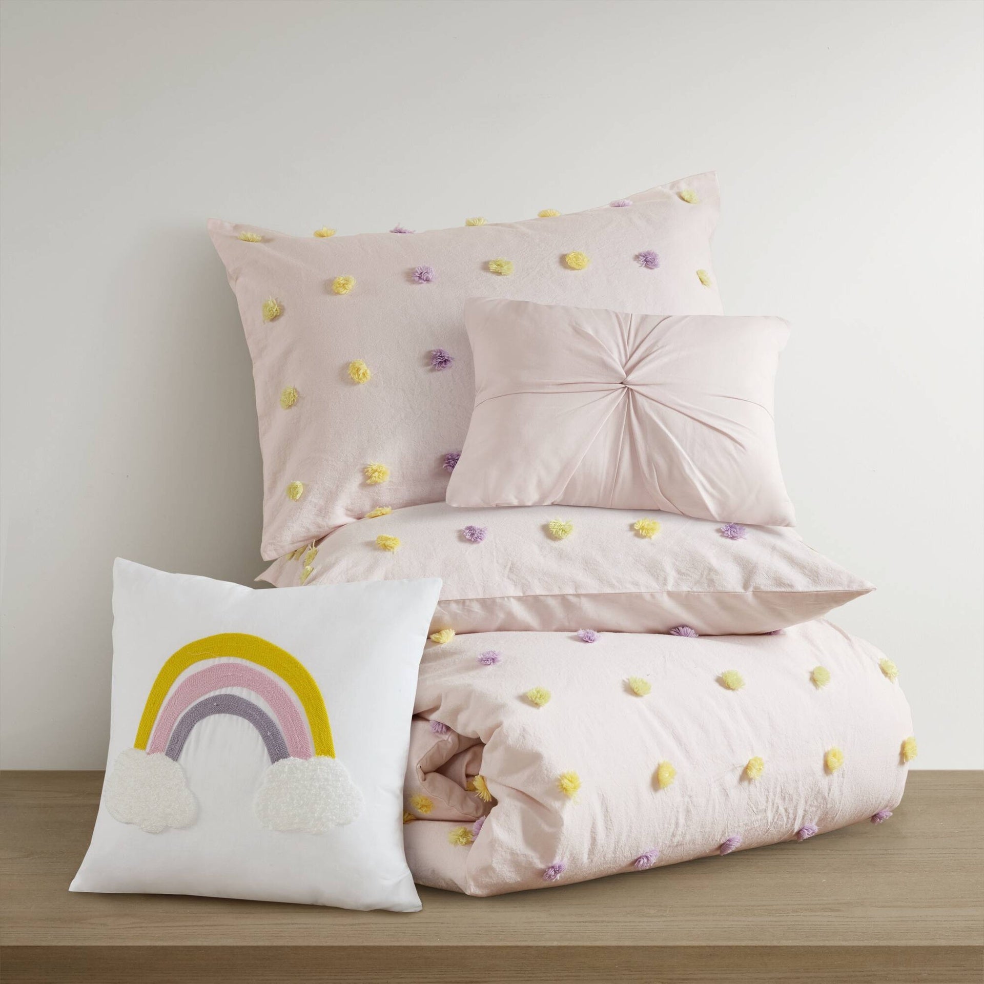 5PCS Full/Queen Cotton Jacquard Pom Pom Comforter Set