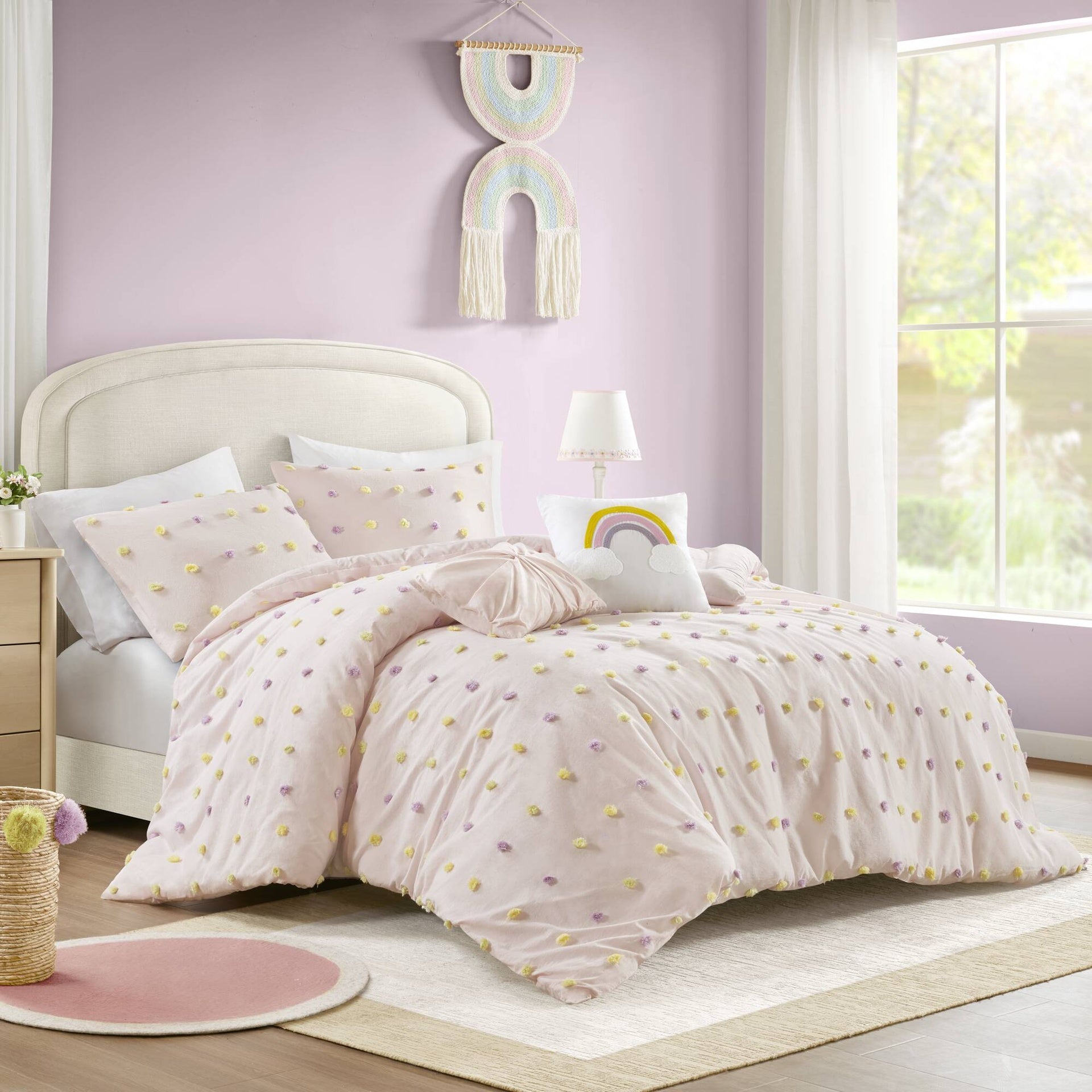 5PCS Full/Queen Cotton Jacquard Pom Pom Comforter Set