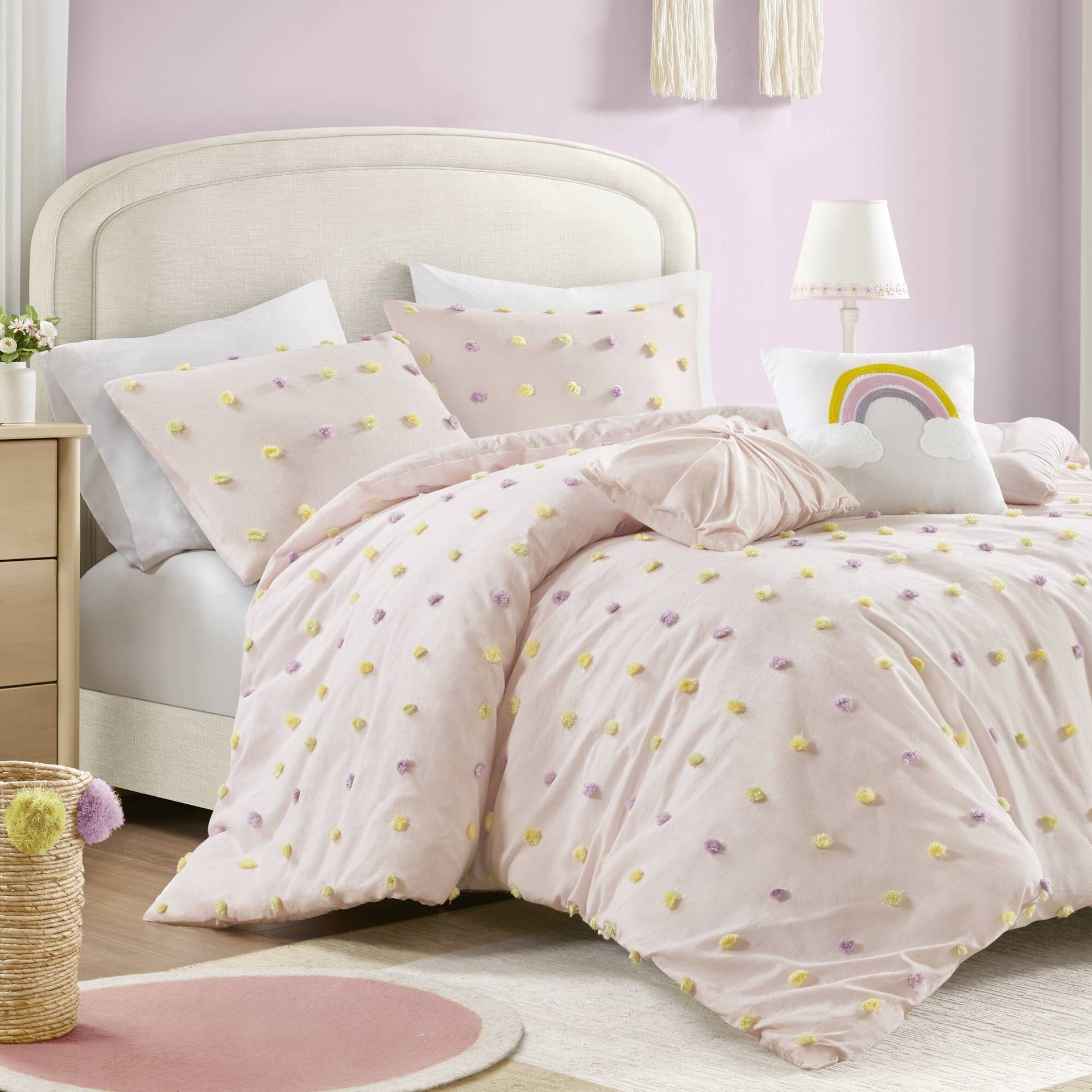 5PCS Full/Queen Cotton Jacquard Pom Pom Comforter Set
