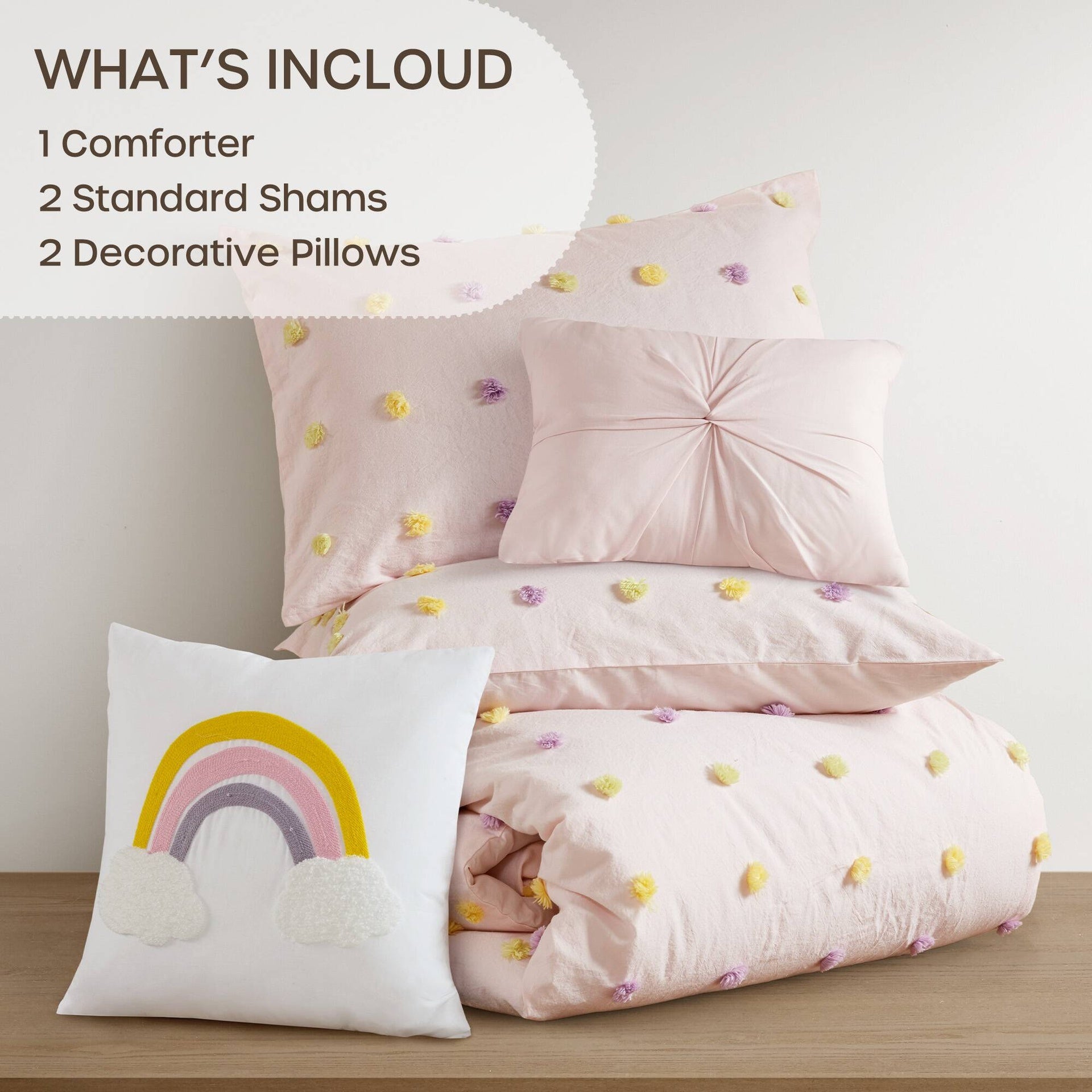 5PCS Full/Queen Cotton Jacquard Pom Pom Comforter Set