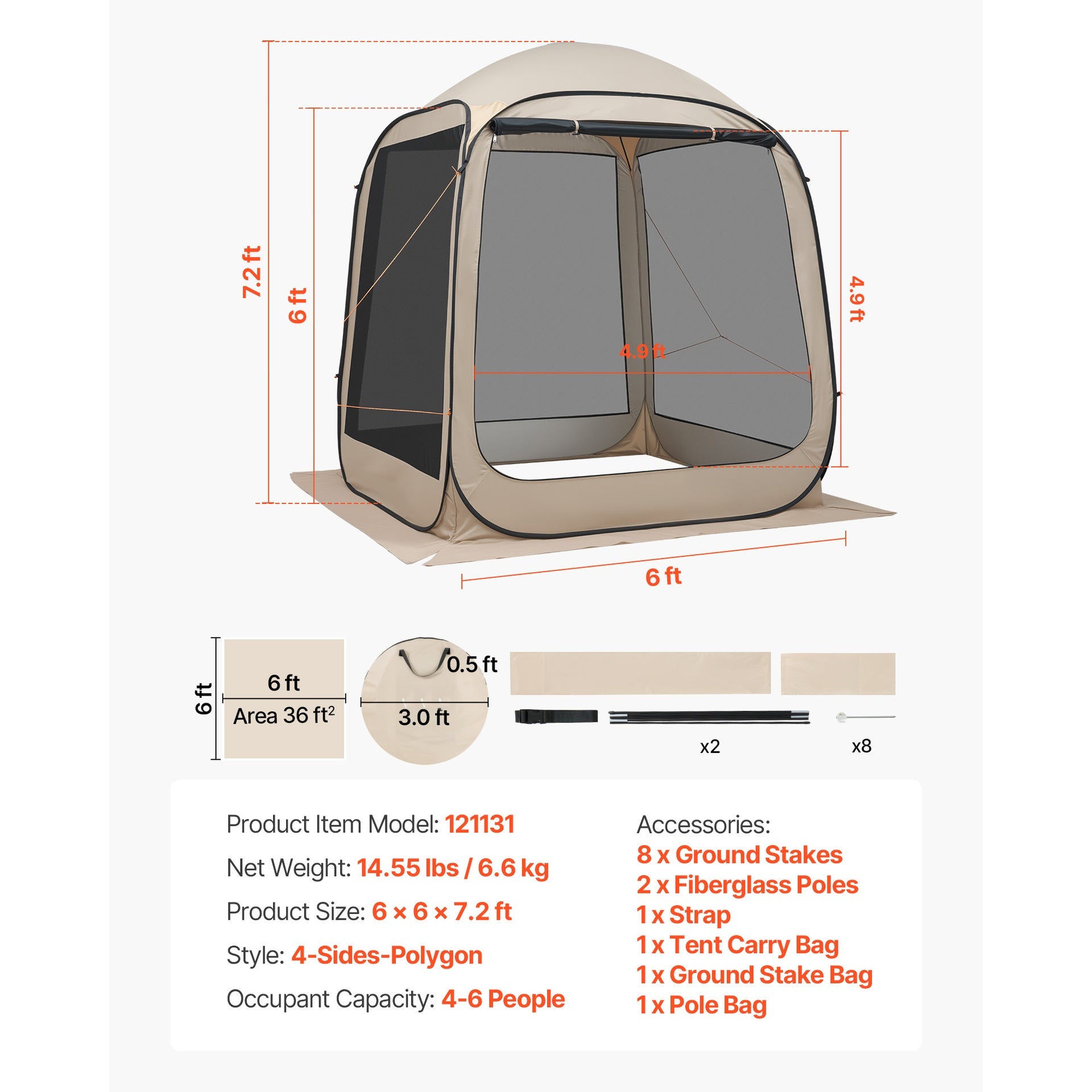 Screen House Tent, 6 x 6 ft, 4-6 Person Pop Up Screen Tent, Portable Screened in Canopy with Carry Bag, Netting Sides, Ground Stakes, for Garden, Patio, Backyard, and Outdoor Activities, Beige