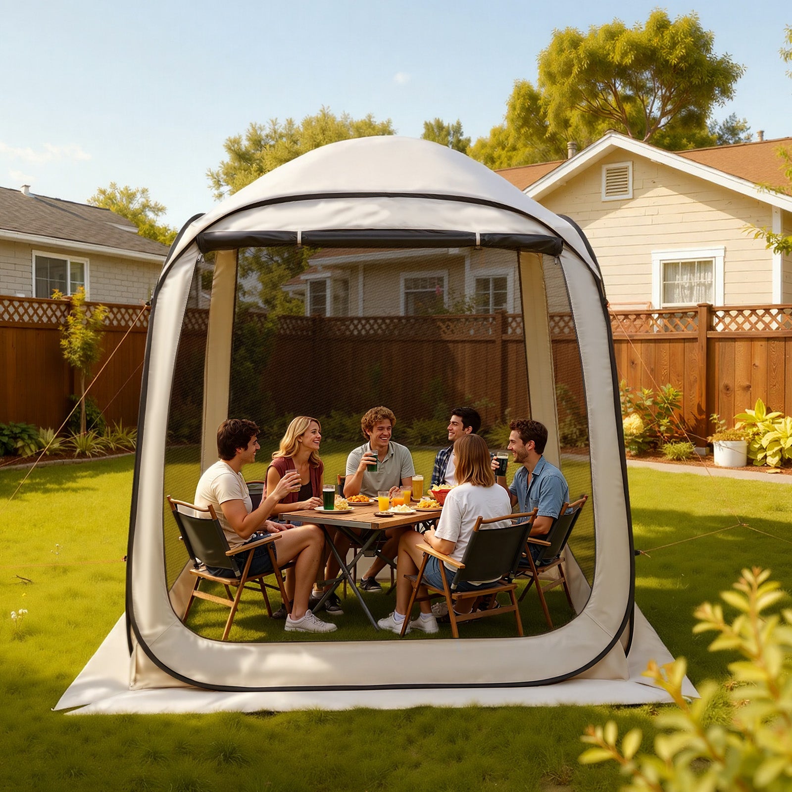 Screen House Tent, 6 x 6 ft, 4-6 Person Pop Up Screen Tent, Portable Screened in Canopy with Carry Bag, Netting Sides, Ground Stakes, for Garden, Patio, Backyard, and Outdoor Activities, Beige