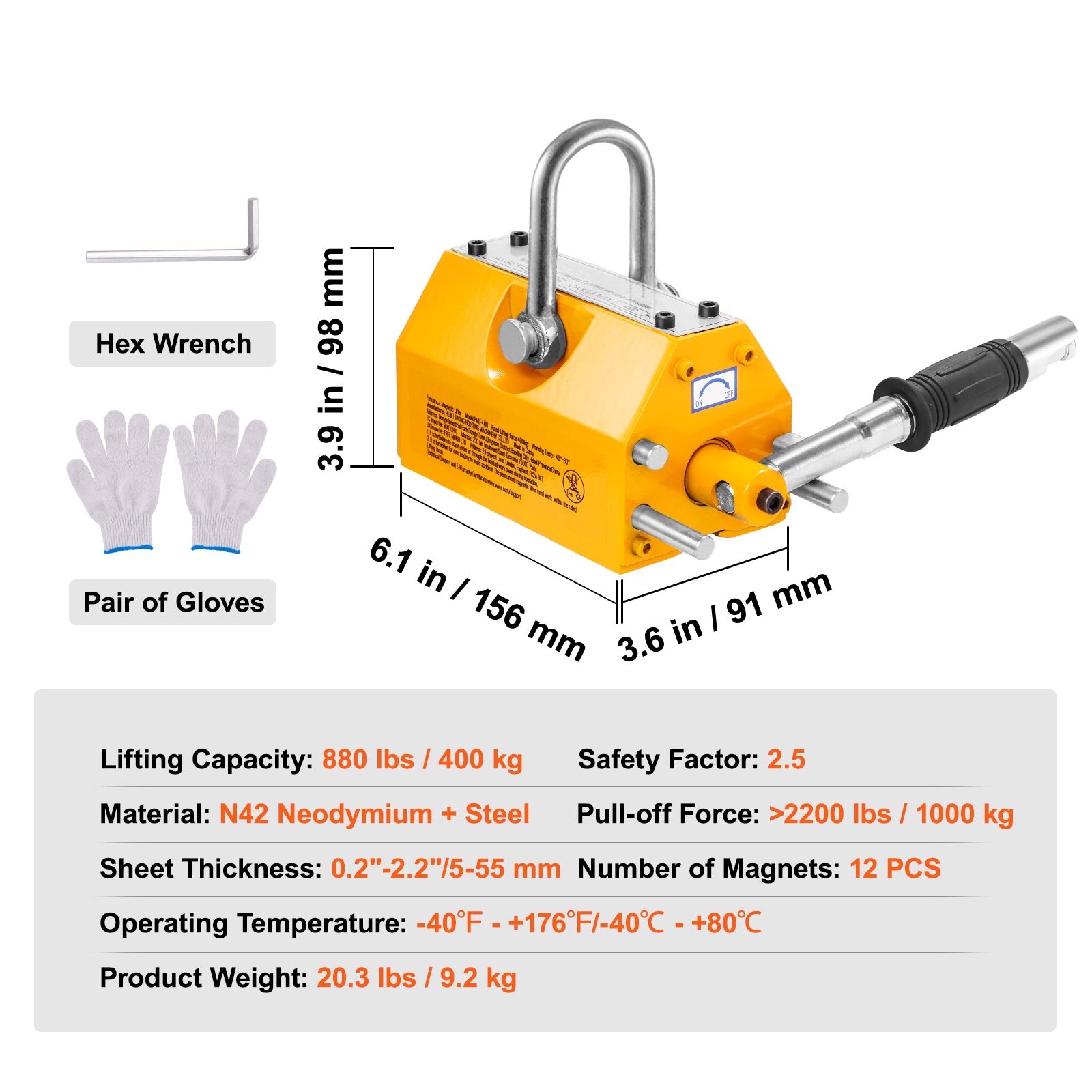 Magnetic Lifter, 880 lbs/400 kg Pulling Capacity, 2.5 Safety Factor, Neodymium & Steel, Lifting Magnet with Release, Permanent Lift Magnets, Heavy Duty Magnet for Hoist, Shop Crane, Block, Board