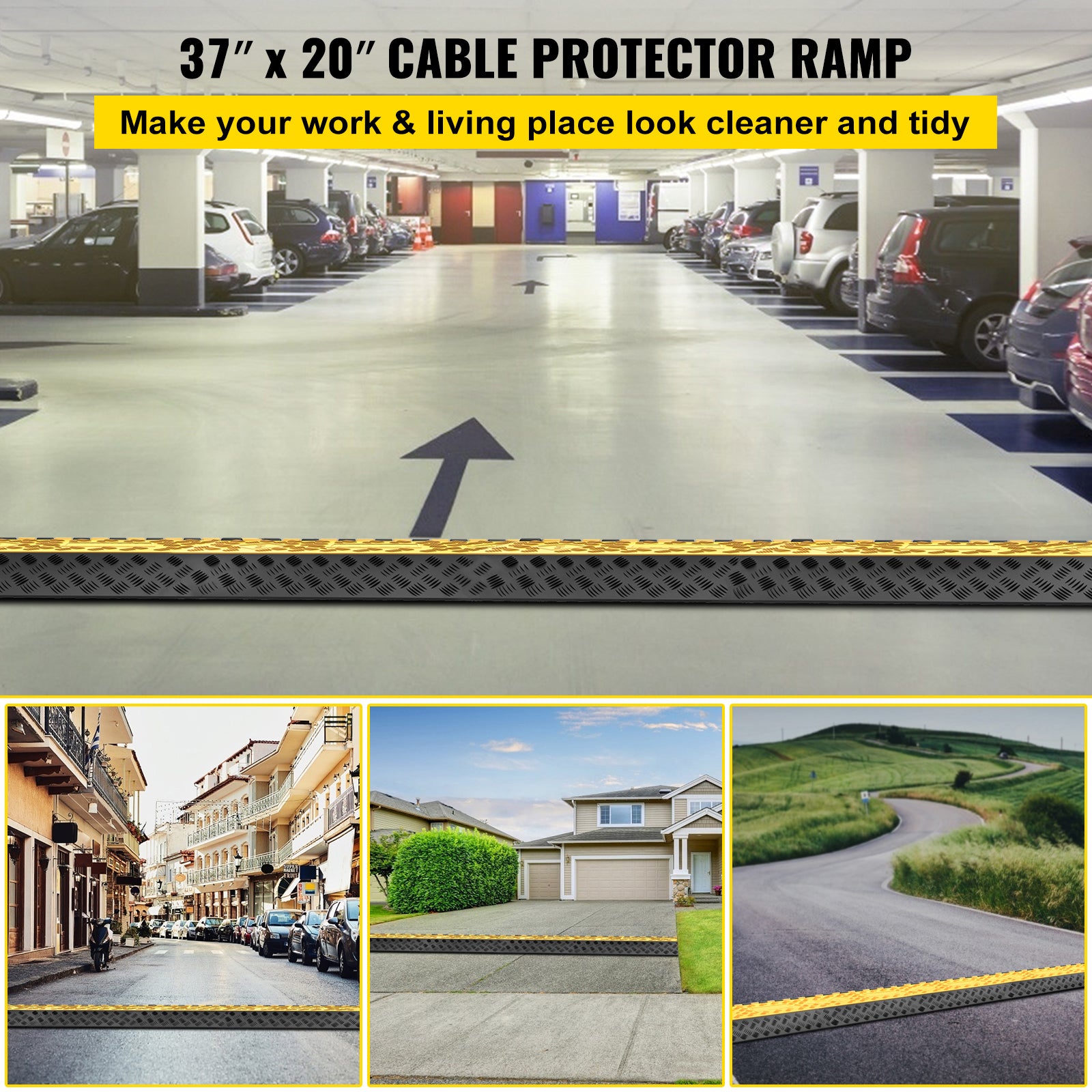 1 Pack of 3-Channel Rubber Cable Protector Ramps Heavy Duty 44000Lbs Load Capacity Cable Wire Cord Cover Ramp Speed Bump Driveway Hose Cable Ramp Protective Cover