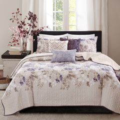 6 Piece Printed Quilt Set with Throw Pillows Taupe King/Cal King