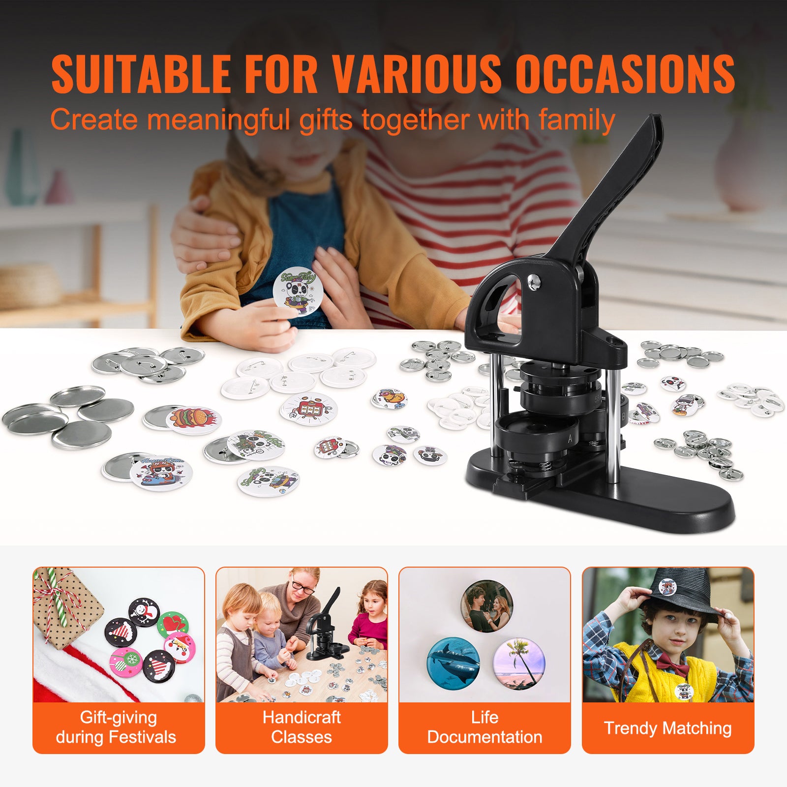 Button Maker, 1/1.25/2.28 inch(25/32/58mm) 3-IN-1 Pin Maker, with 300pcs Button Parts, Button Maker Machine with Panda Magic Book, Ergonomic Arc Handle Punch Press Kit, For Children DIY Gifts