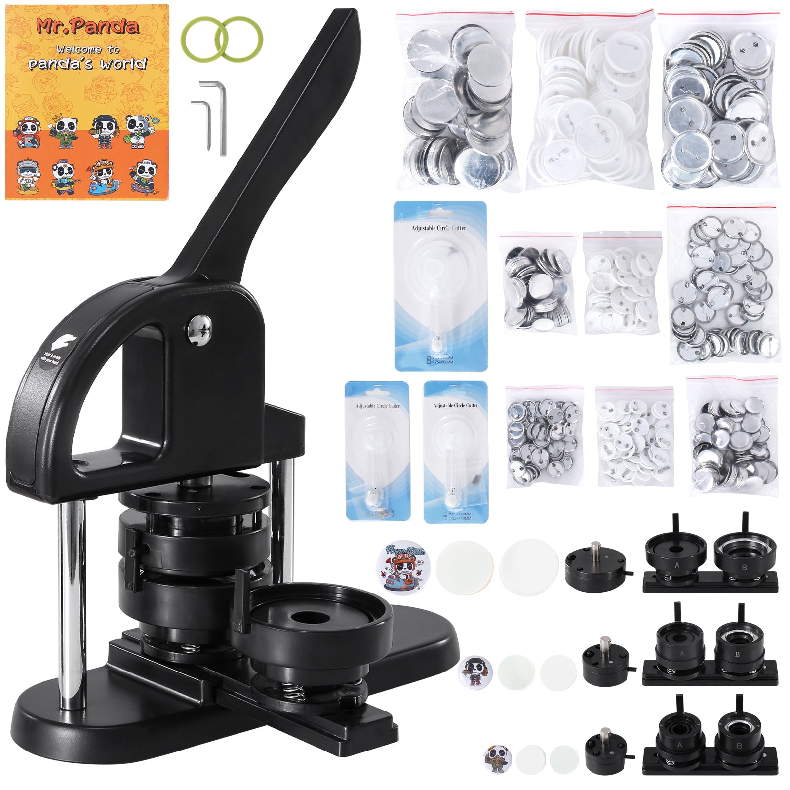 Button Maker, 1/1.25/2.28 inch(25/32/58mm) 3-IN-1 Pin Maker, with 300pcs Button Parts, Button Maker Machine with Panda Magic Book, Ergonomic Arc Handle Punch Press Kit, For Children DIY Gifts