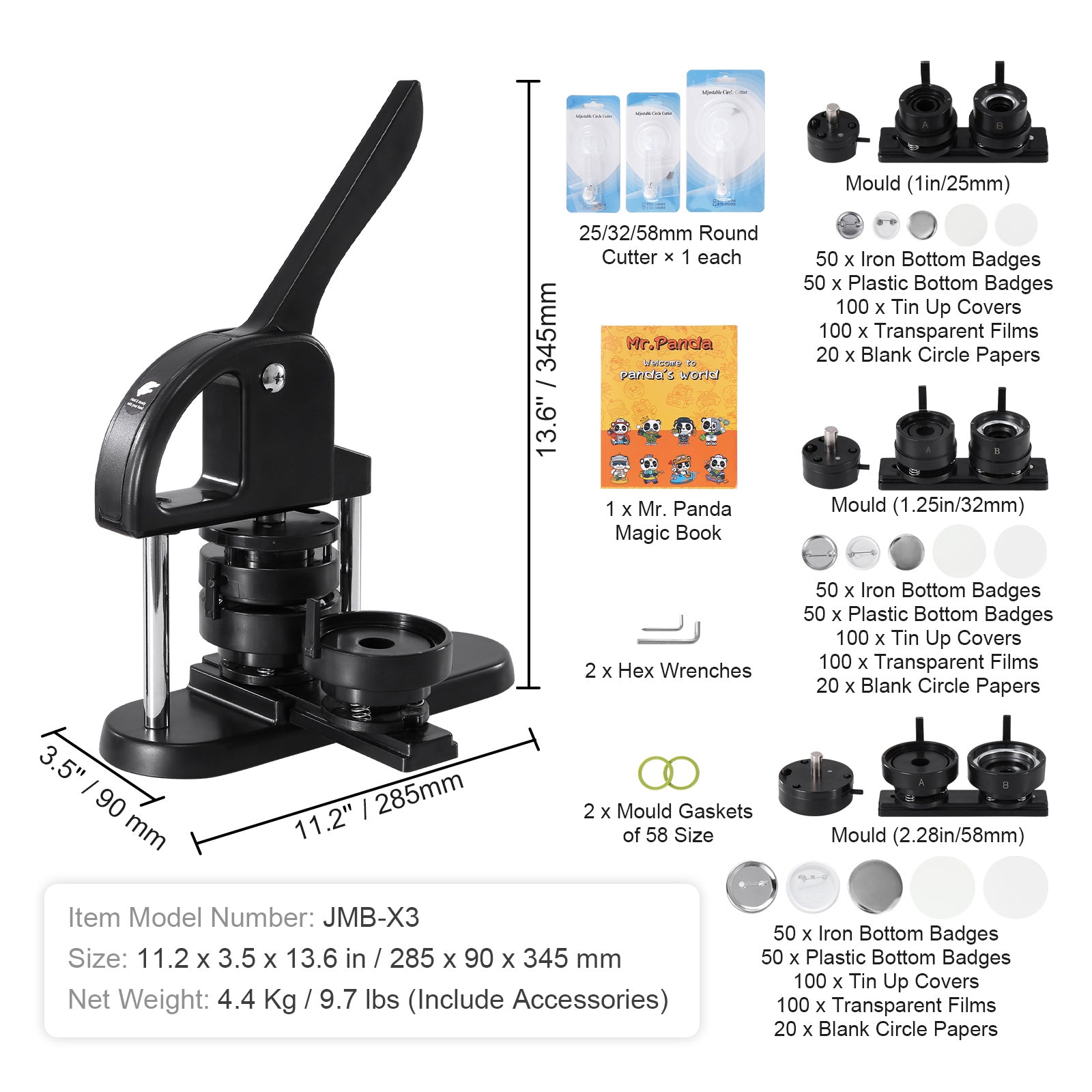 Button Maker, 1/1.25/2.28 inch(25/32/58mm) 3-IN-1 Pin Maker, with 300pcs Button Parts, Button Maker Machine with Panda Magic Book, Ergonomic Arc Handle Punch Press Kit, For Children DIY Gifts