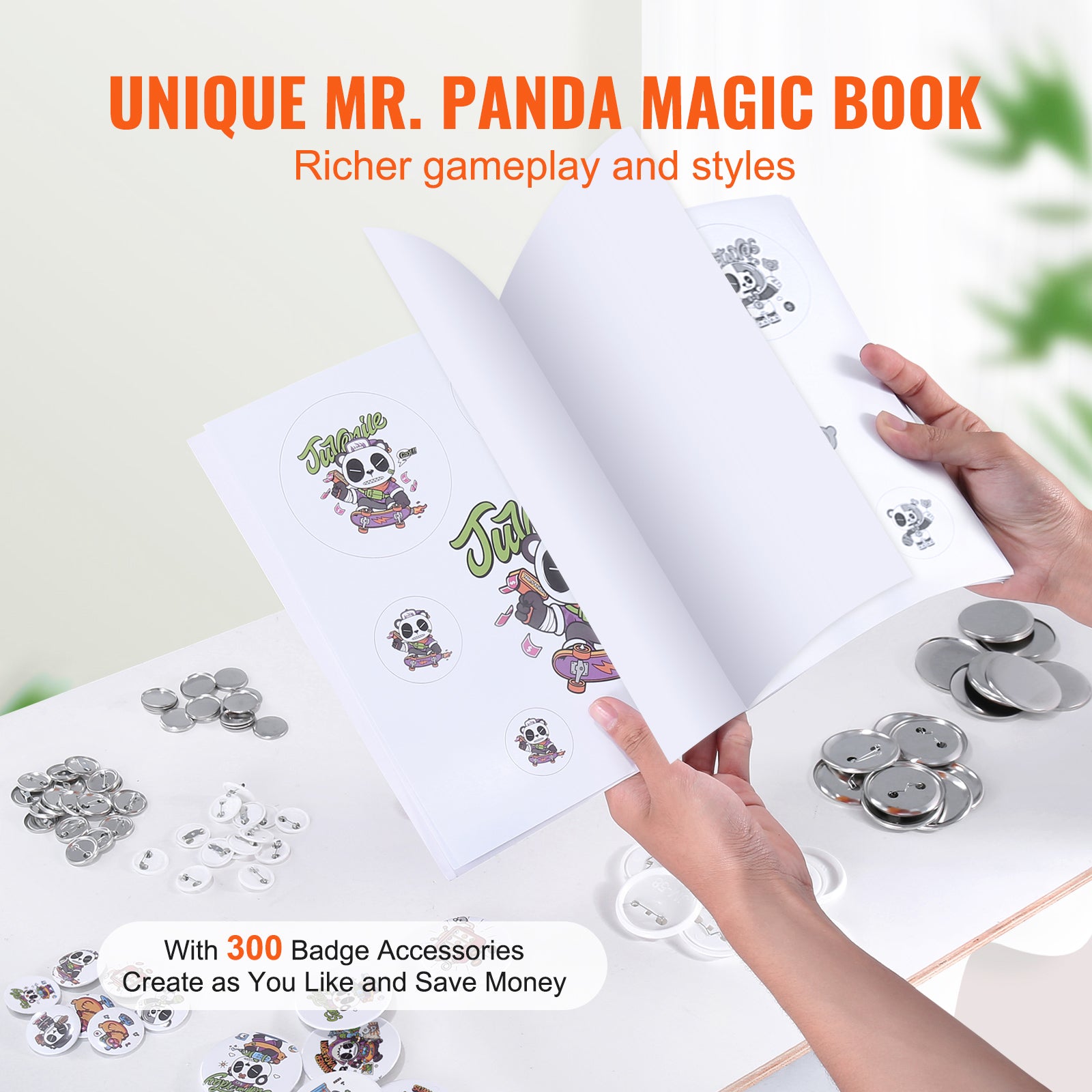 Button Maker, 1/1.25/2.28 inch(25/32/58mm) 3-IN-1 Pin Maker, with 300pcs Button Parts, Button Maker Machine with Panda Magic Book, Ergonomic Arc Handle Punch Press Kit, For Children DIY Gifts