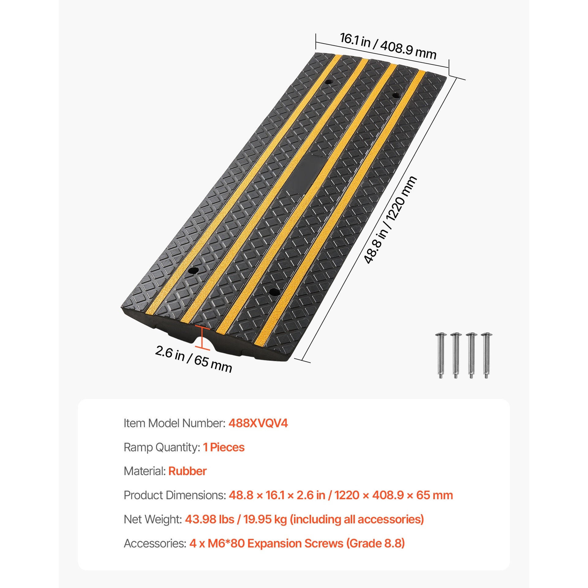Car Driveway Rubber Curb Ramp, 33069 lbs Load Capacity, 2.6 inch Rise Curbside Bridge Ramp with Yellow Reflective Strips, Suitable for Loading Dock, Warehouse, Garage, Sidewalk (1 Pack)