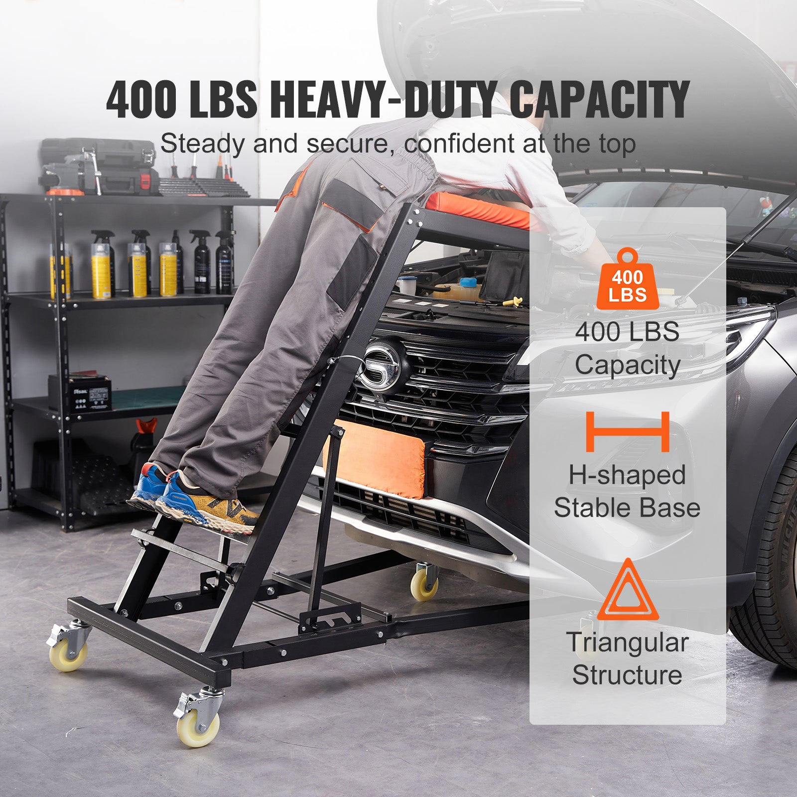 Automotive Top Creeper, Engine Creeper 42.5"-64.8", 400 LBS Capacity High Top Creeper, 4 Swivel Caster Wheels, Padded Deck, Creeper for Home Garage, Workshop Repair Maintenance