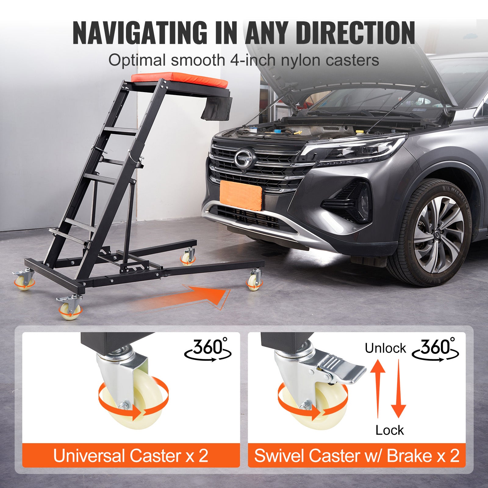 Automotive Top Creeper, Engine Creeper 42.5"-64.8", 400 LBS Capacity High Top Creeper, 4 Swivel Caster Wheels, Padded Deck, Creeper for Home Garage, Workshop Repair Maintenance