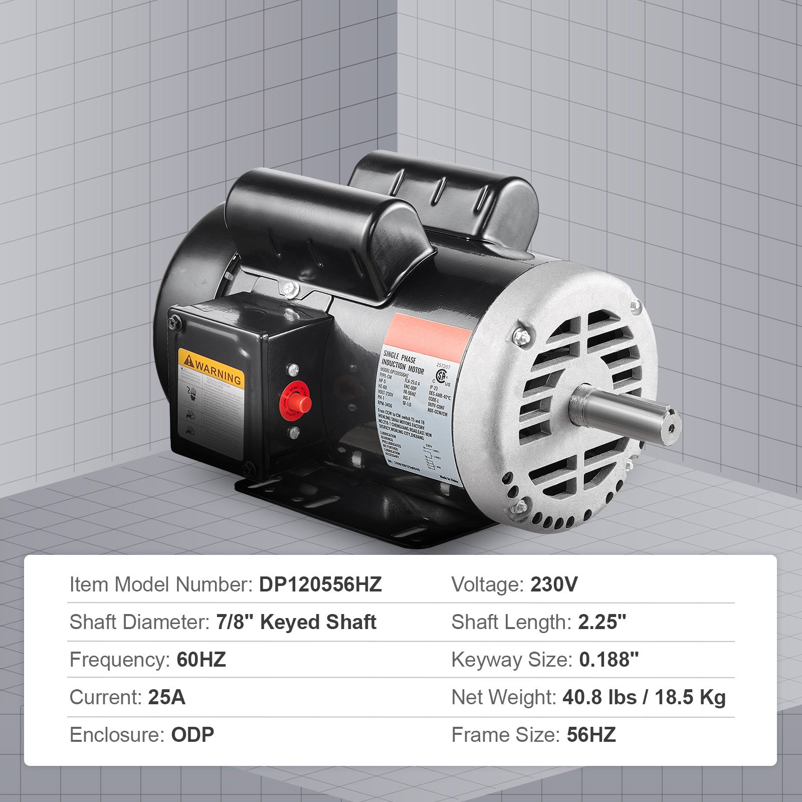 5HP Air Compressor Electric Motor 230V 25A 3450RPM 56Hz Frame CW/CCW Rotation (Factory Setting is CCW)