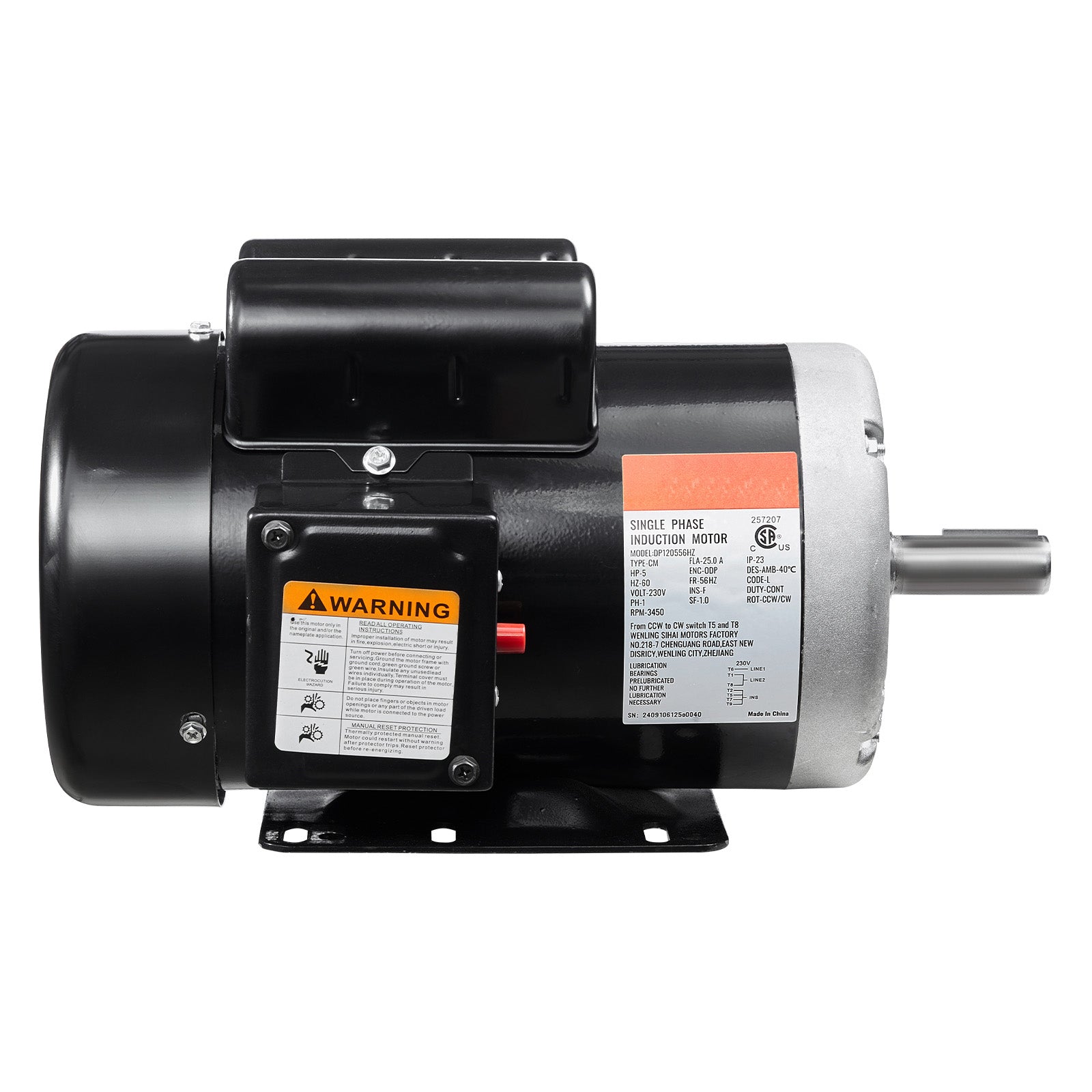5HP Air Compressor Electric Motor 230V 25A 3450RPM 56Hz Frame CW/CCW Rotation (Factory Setting is CCW)