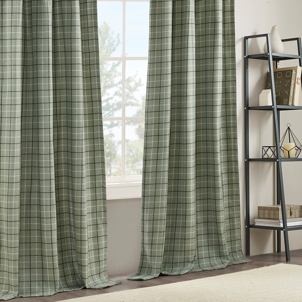 Plaid Rod Pocket and Back Tab Curtain Panel with Fleece Lining Green 50x84"