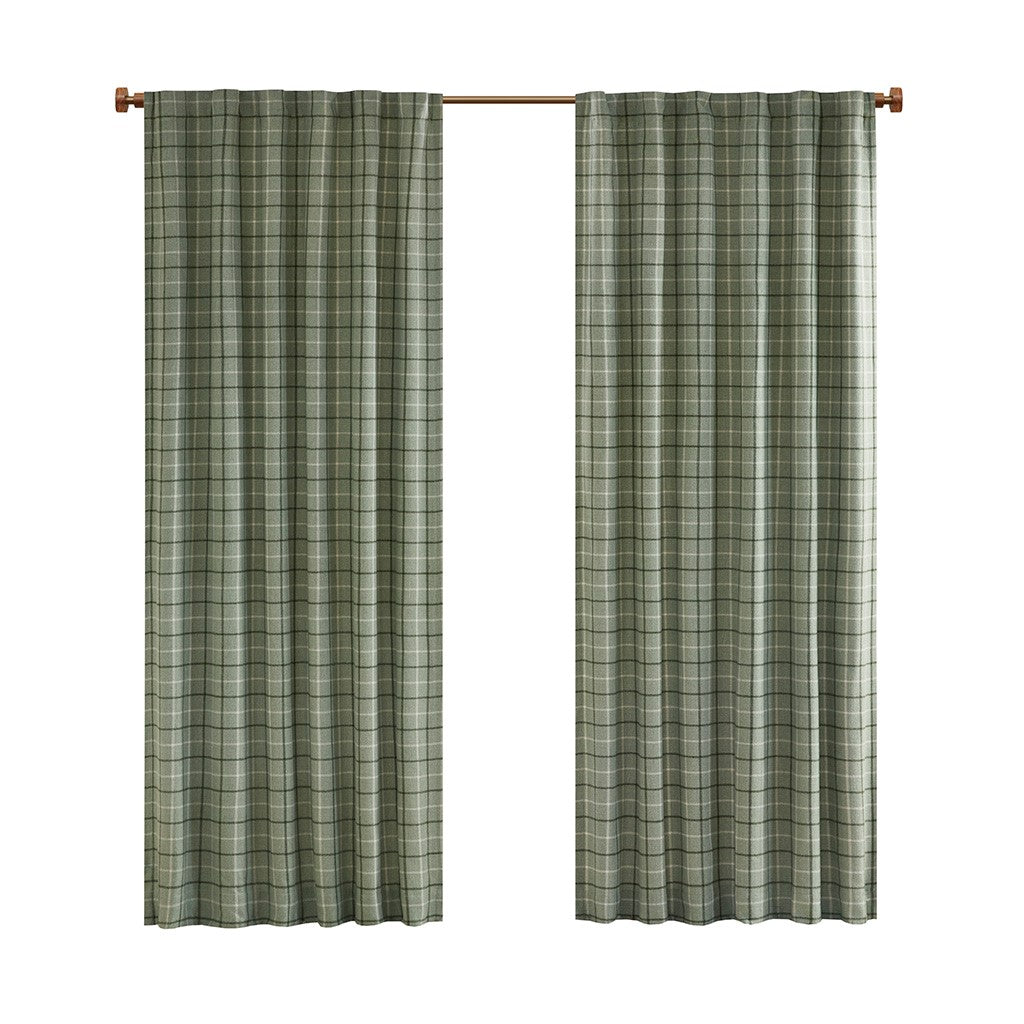 Plaid Rod Pocket and Back Tab Curtain Panel with Fleece Lining Green 50x84"