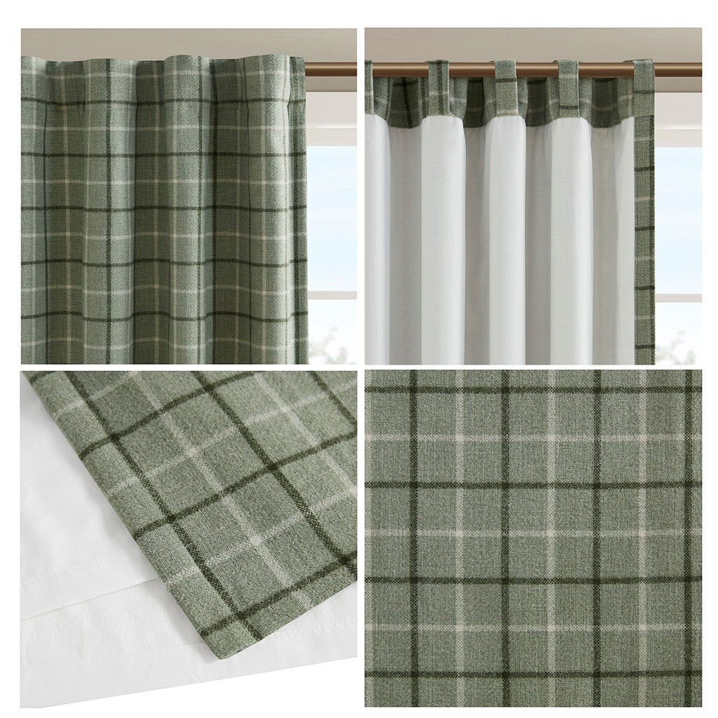 Plaid Rod Pocket and Back Tab Curtain Panel with Fleece Lining Green 50x84"