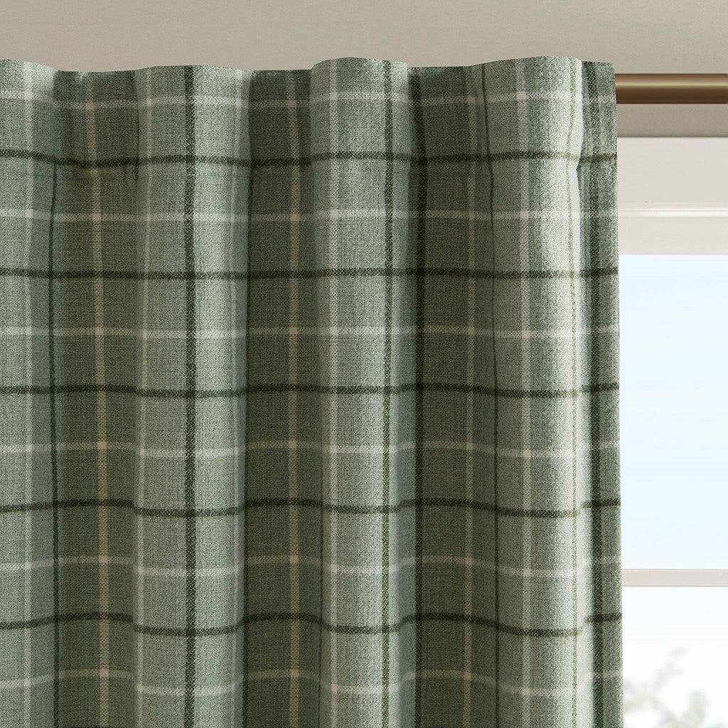 Plaid Rod Pocket and Back Tab Curtain Panel with Fleece Lining Green 50x84"
