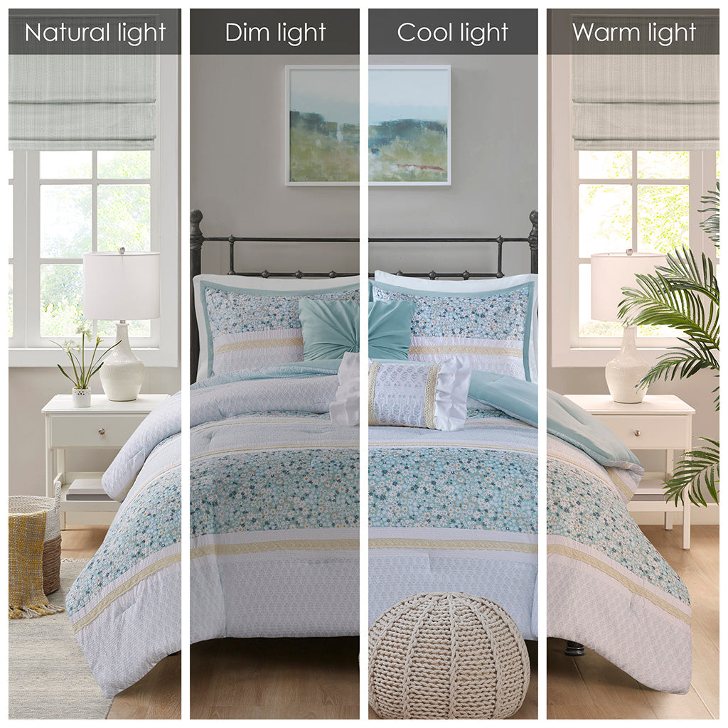 Full/Queen 5 Piece Seersucker Comforter Set with Throw Pillows
