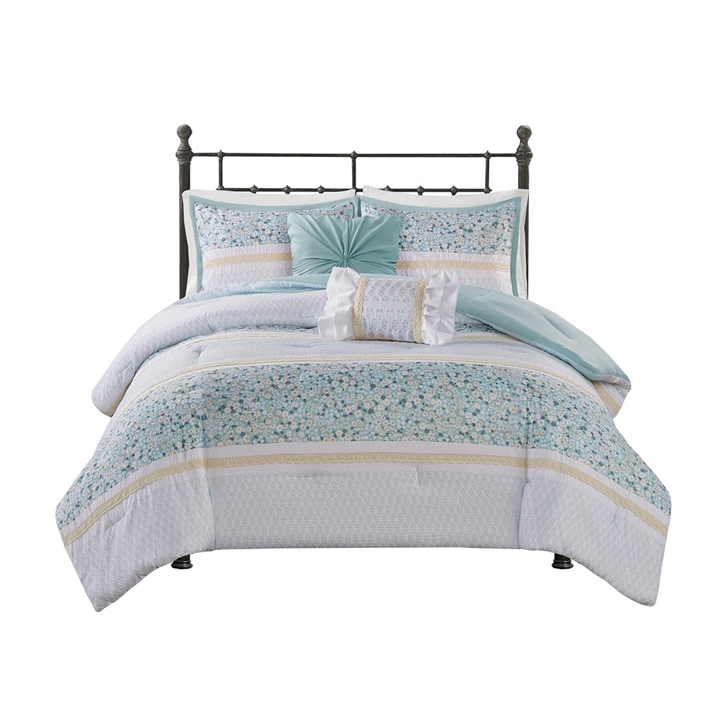 Full/Queen 5 Piece Seersucker Comforter Set with Throw Pillows