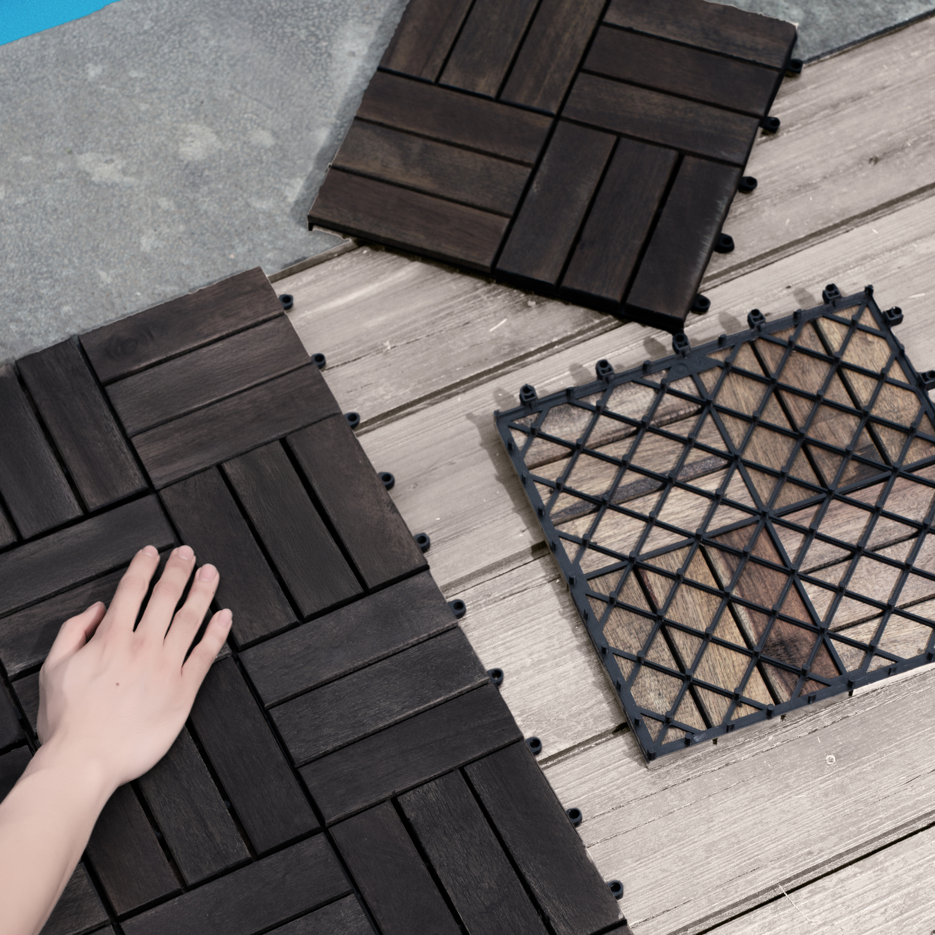Acacia Wood Interlocking Deck Tiles Checker Pattern, 30 PCS  12" x 12" Dark Brown Square Acacia Hardwood Outdoor Flooring for Patio, Bancony, Pool Side,...